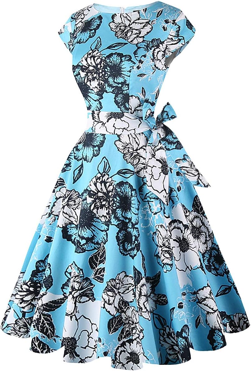 PUKAVT Women's 1950 Boatneck Cap Sleeve Vintage Swing Cocktail Party Dress with Pockets