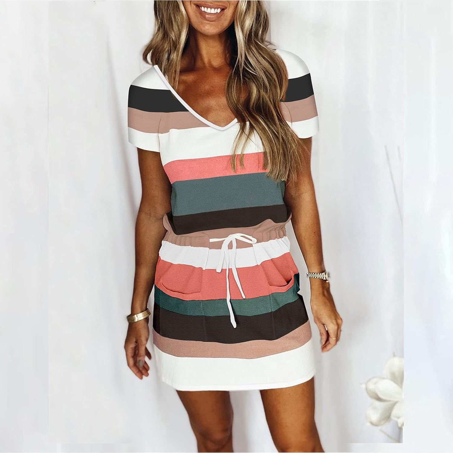 Women Summer Casual Striped Dress Drawstring Waist Tie Knot Mini Dresses Short Sleeve V Neck Tank Dress with Pocket