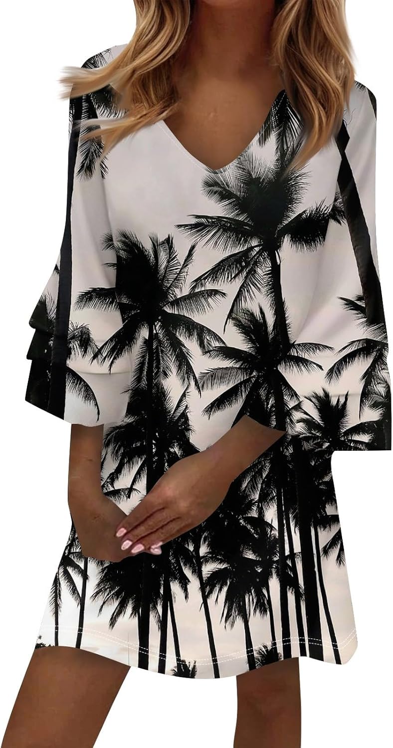 Beach Dresses for Women,2025 Summer Trendy Floral Print Boho Dress,Casual Loose V Neck Bell 3/4 Sleeve Mini Dress