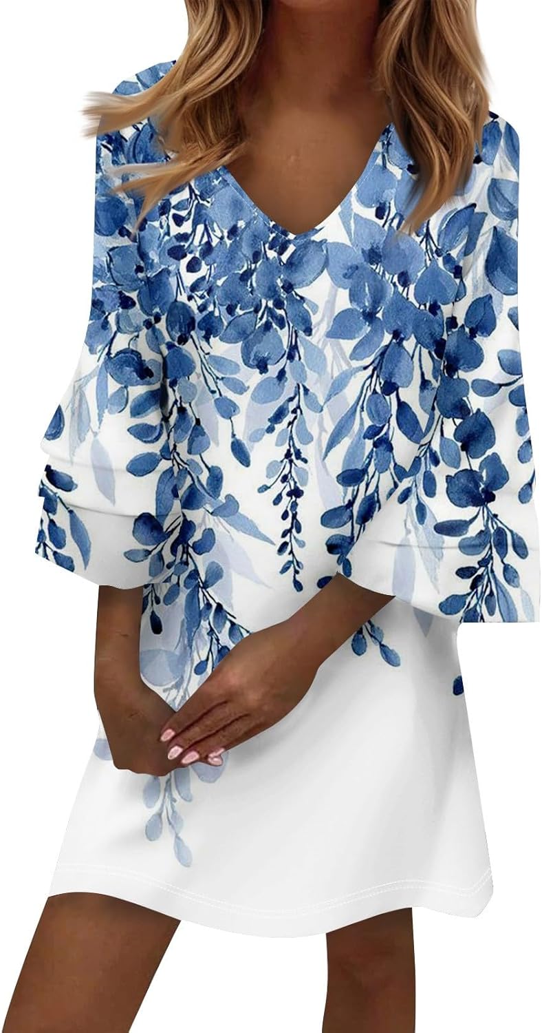 Beach Dresses for Women,2025 Summer Trendy Floral Print Boho Dress,Casual Loose V Neck Bell 3/4 Sleeve Mini Dress