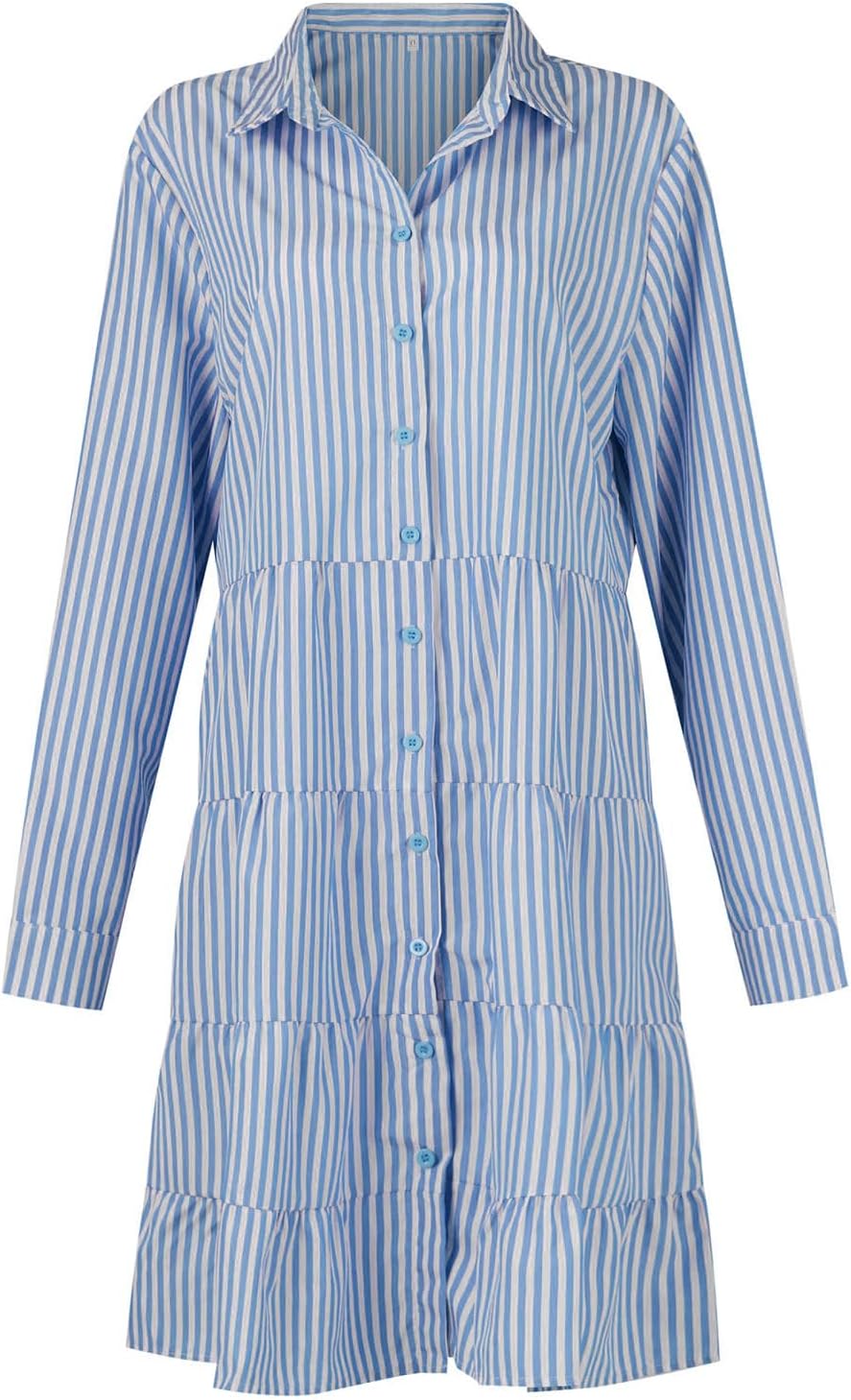 Button Down Dress for Women Summer Casual Striped Long Sleeve V Neck Lapel Dresses Loose Ruched Party Midi Dress 2025