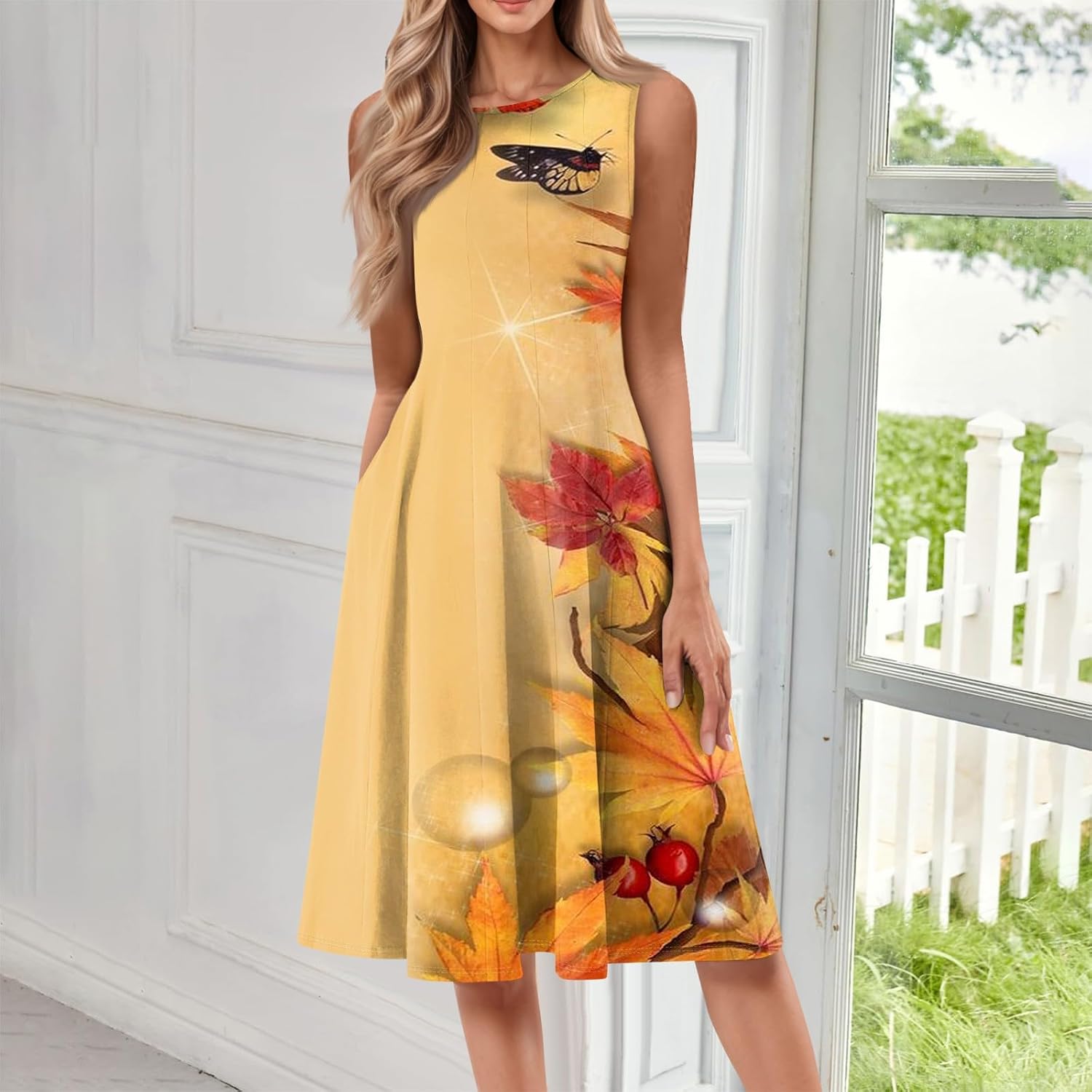 Womens Tank Sundress 2025 Casual Floral Print Tshirt Dress Swing Sleeveless Midi Dress Crewneck Pleated Summer Dresses