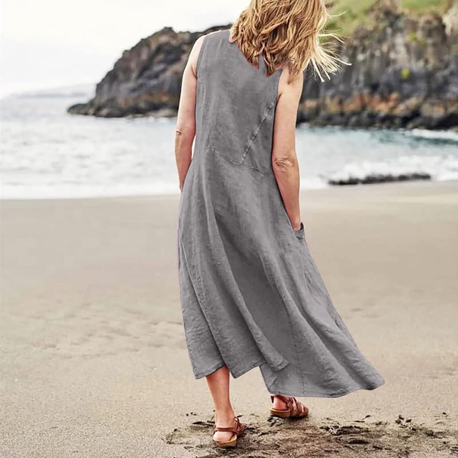 Women's Casual Sleeveless Dresses, Cotton Linen Pocket Dresses Summer Dresses for Women 2024 Sundresses Beach Dress