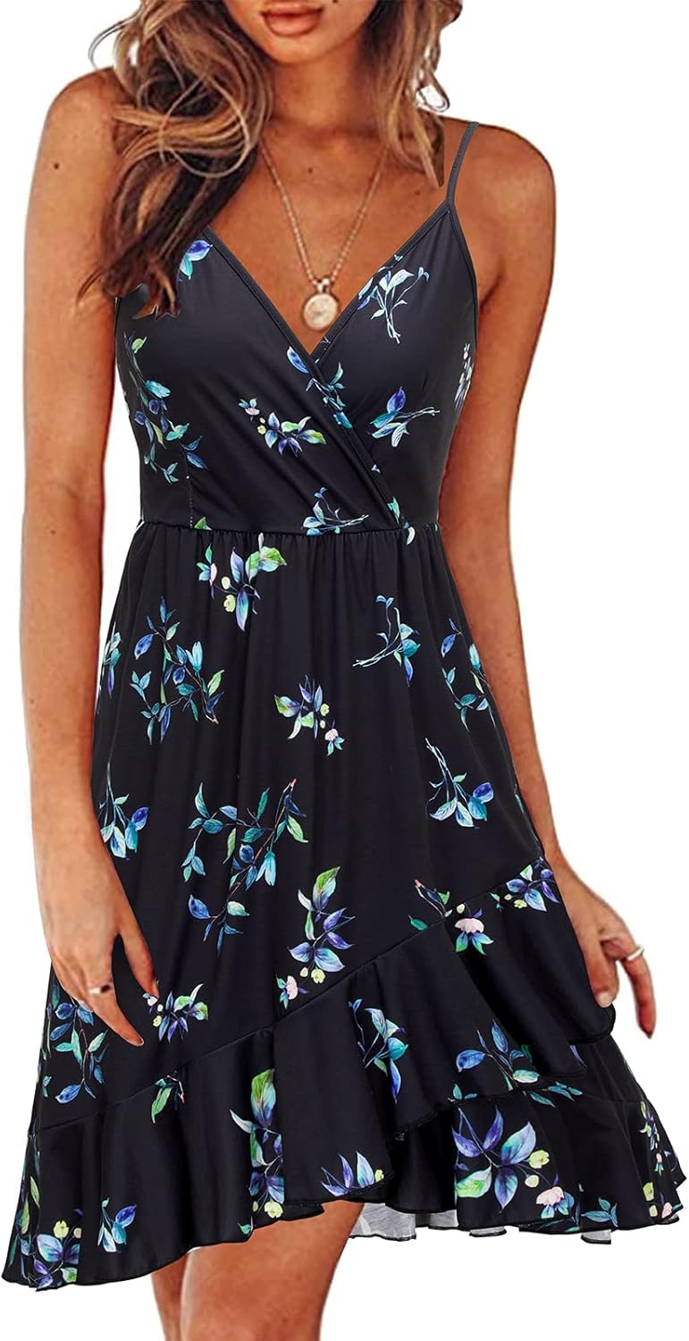 ULTRANICE Womens Summer Dresses Floral V Neck Ruffled Hem Spaghetti Spring Casual Beach Outfits Flowy Wrap Sun Dress