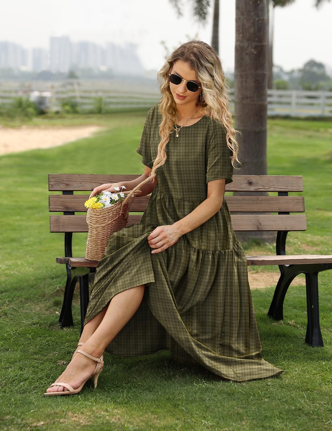 YESNO Women Casual Loose Bohemian Floral Dress with Pockets Short Sleeve Long Maxi Summer Beach Swing Dress EJF