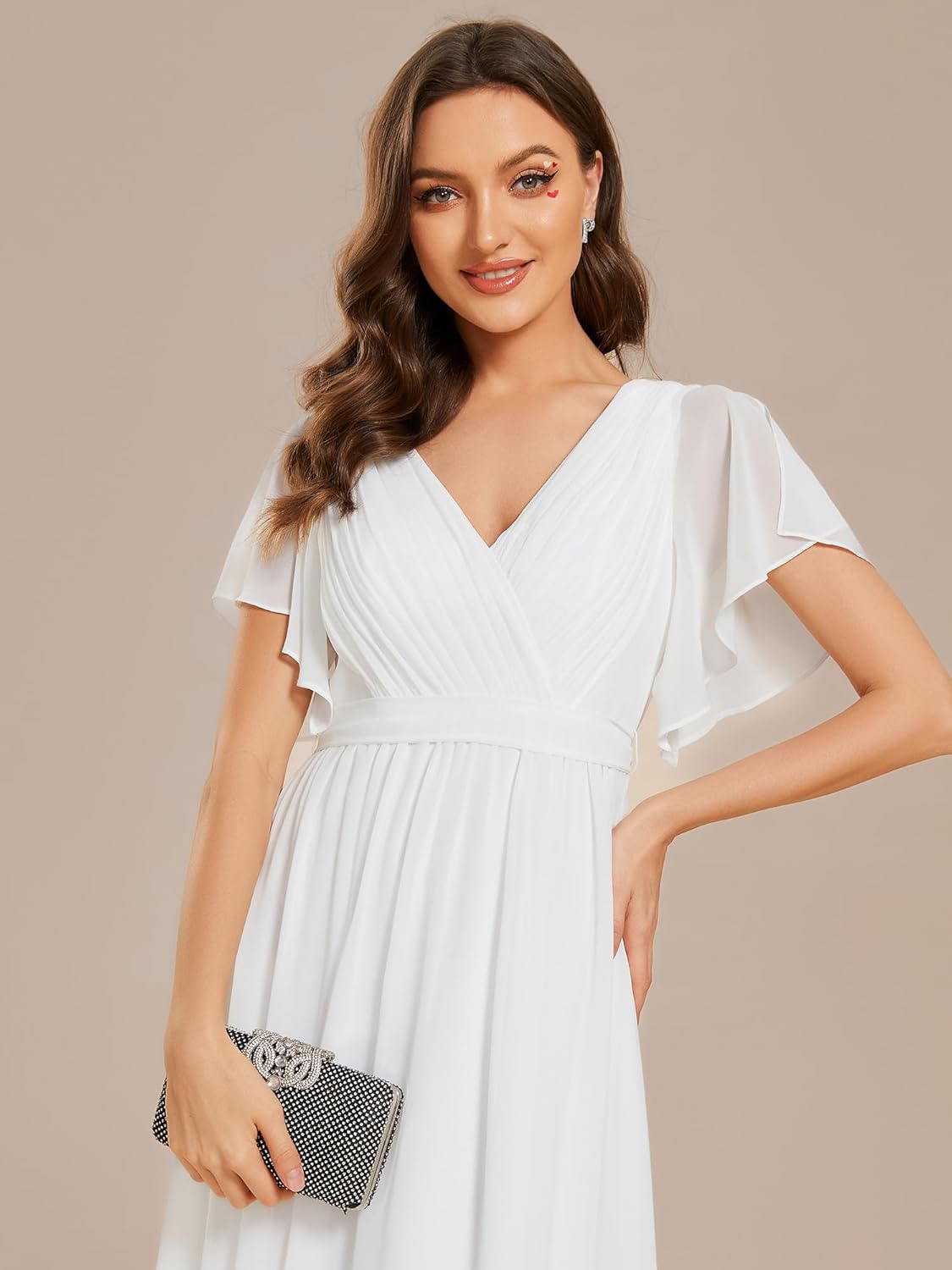 Ever-Pretty Women's Bridesmaid Dress V-Neck Ruffle Sleeves Ruched Bust Floor Length Chiffon Formal Dresses 0164A