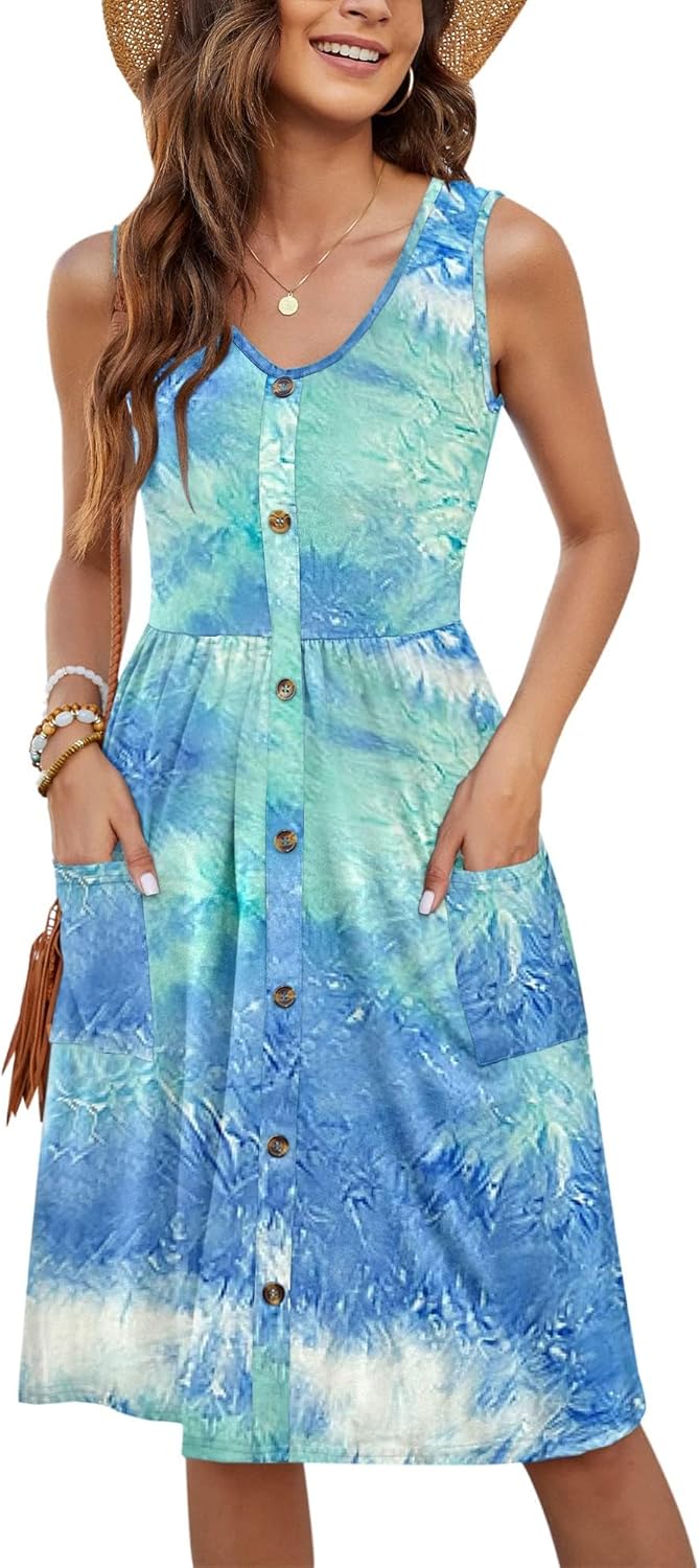 MOLERANI Women Summer Dresses Sleeveless Casual Loose Swing Button Down Midi Dress with Pockets