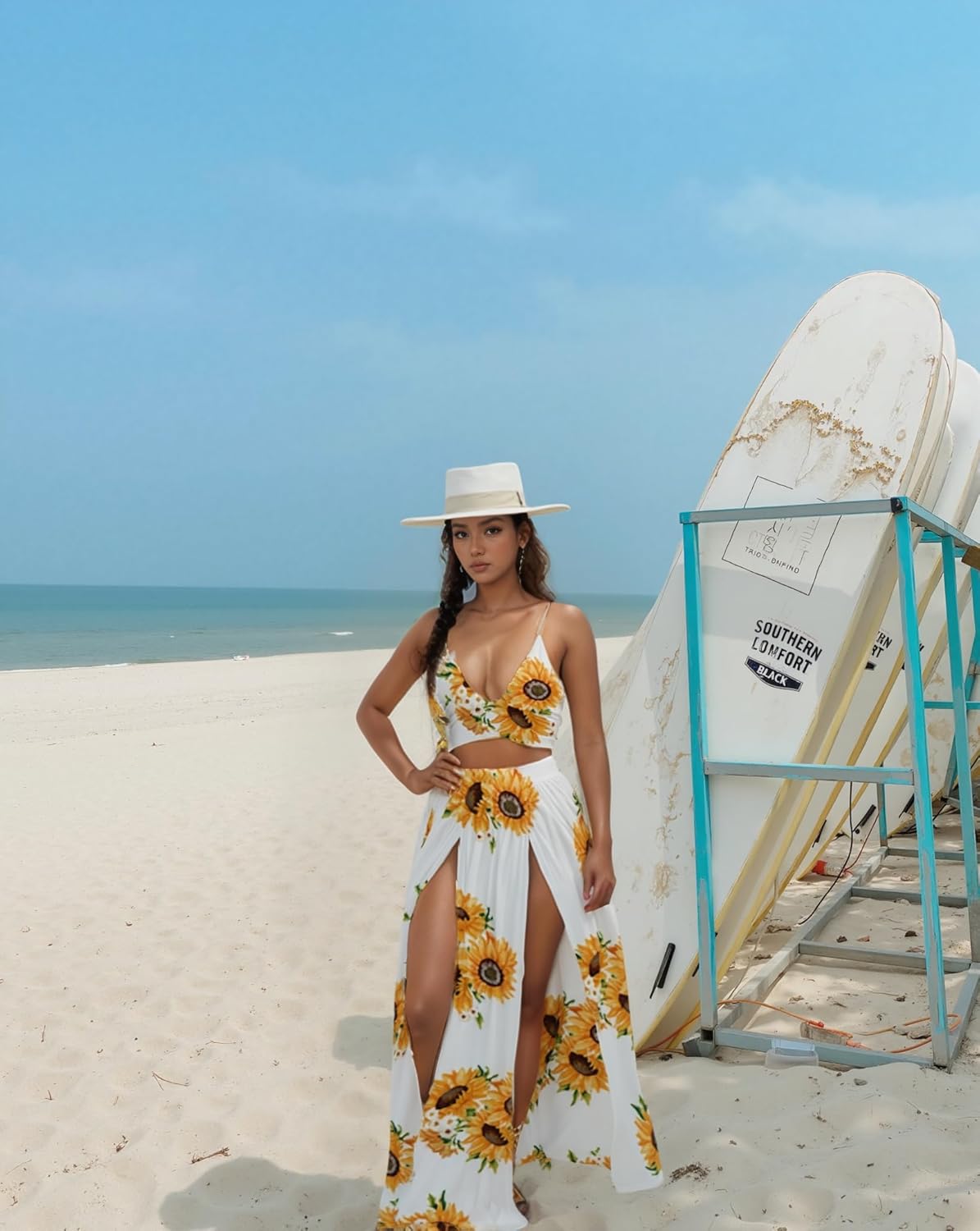 Women Sexy 2 Piece Outfits Dress Chiffon Strap Deep V Neck Bra Crop Top High Split Maxi Dresses Skirt Set
