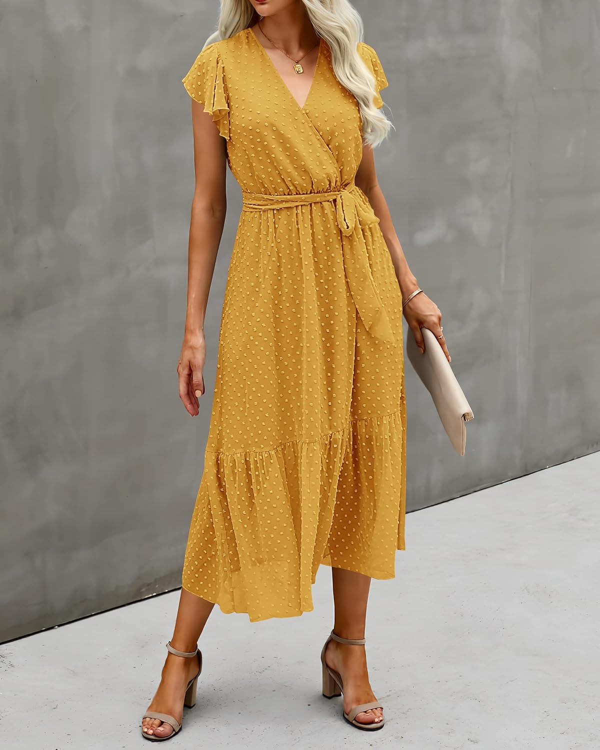 BTFBM Women Summer Bohemian Floral Casual Wrap V Neck Ruffle Cap Sleeveless Belt A-Line Pleated Hem Midi Sun Dress White