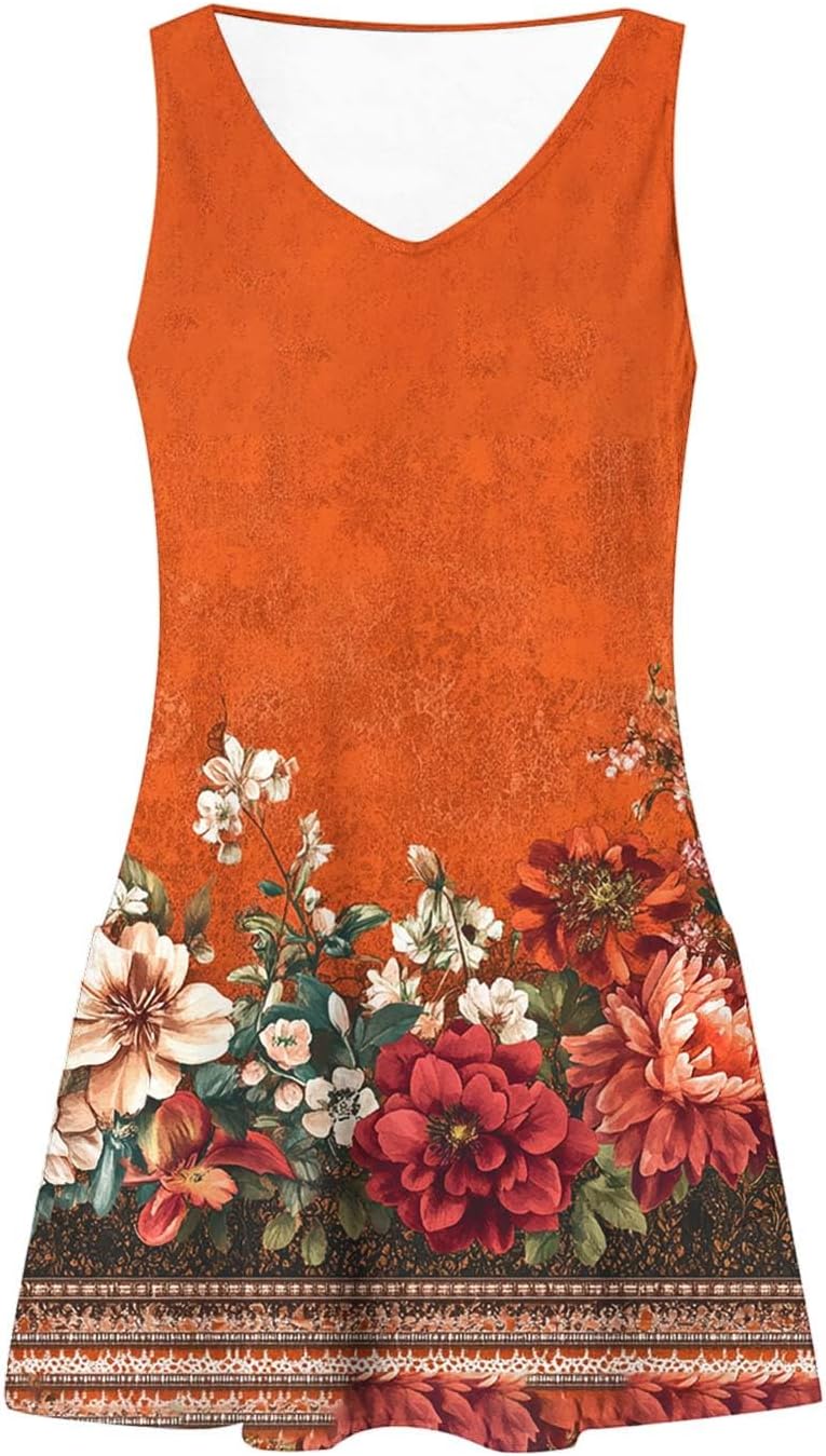 Womens 2025 Spring Summer Dresses Casual Floral Print V-Neck Tank Dress Curve Hem Pleated A-Line Sundresses