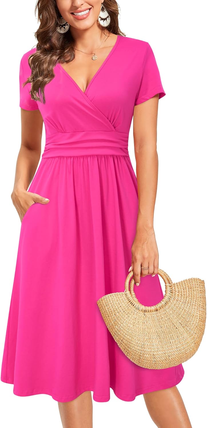 OUGES Women's Summer Short Sleeve V-Neck Floral Short Party Dress with Pockets