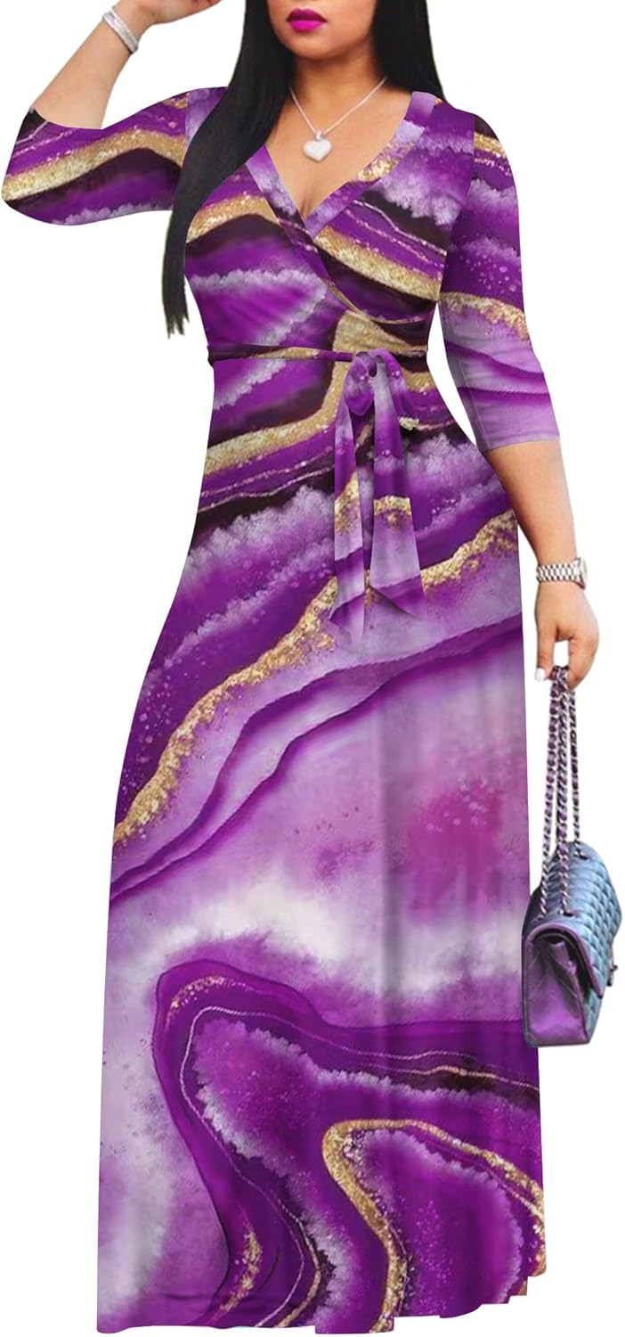 FANDEE Plus Size Maxi Dress for Women Casual Summer Sundress V-Neck 3/4 Sleeve