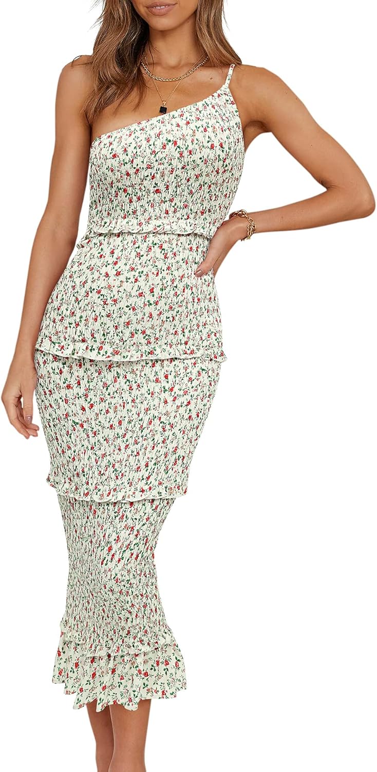 PRETTYGARDEN Women's Summer Midi Bodycon Dresses One Shoulder Strappy Tiered Ruffle Floral Boho Sun Dress