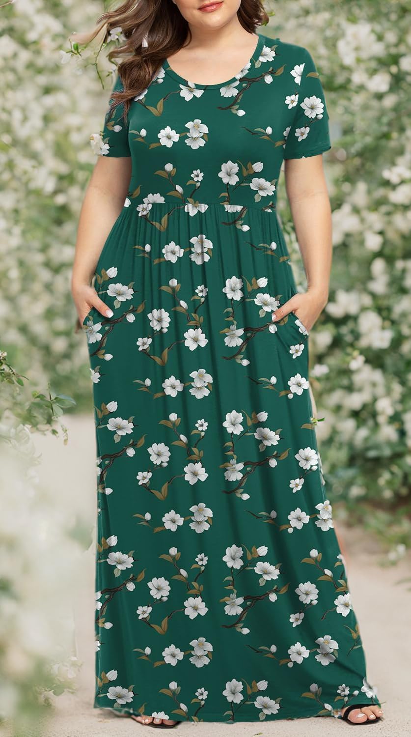 LONGYUAN Women's Plus Size Maxi Dresses for Curvy Women Summer Short Sleeve Casual 2025 Long Dress XL-6XL