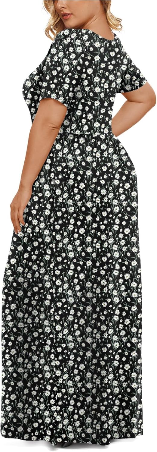 LONGYUAN Women's Plus Size Maxi Dresses for Curvy Women Summer Short Sleeve Casual 2025 Long Dress XL-6XL