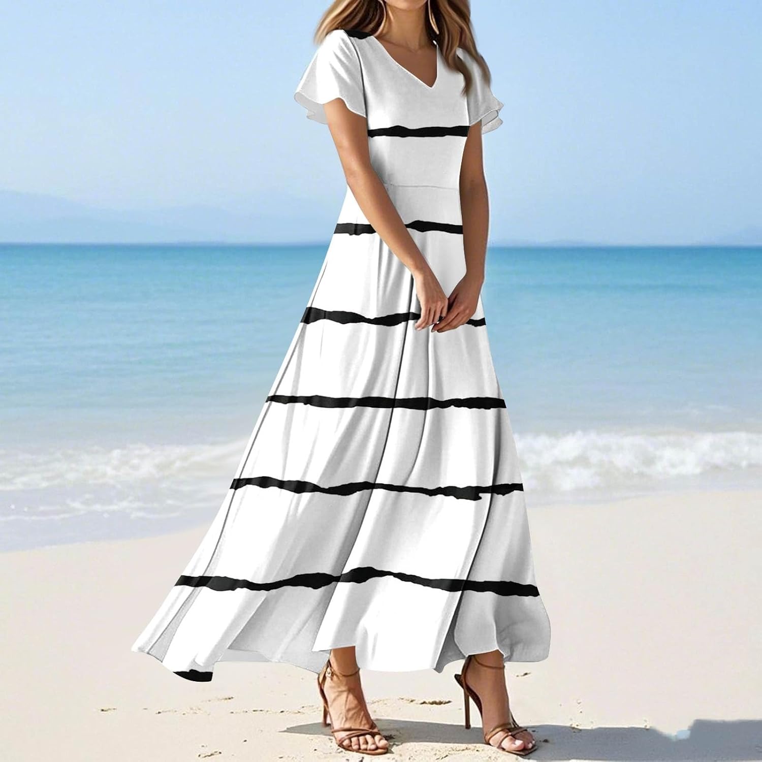 Womens Fashion V Neck Ruffle Short Sleeve Maxi Dress 2025 Summer Elegant Solid Color Flowy A Line Dresses