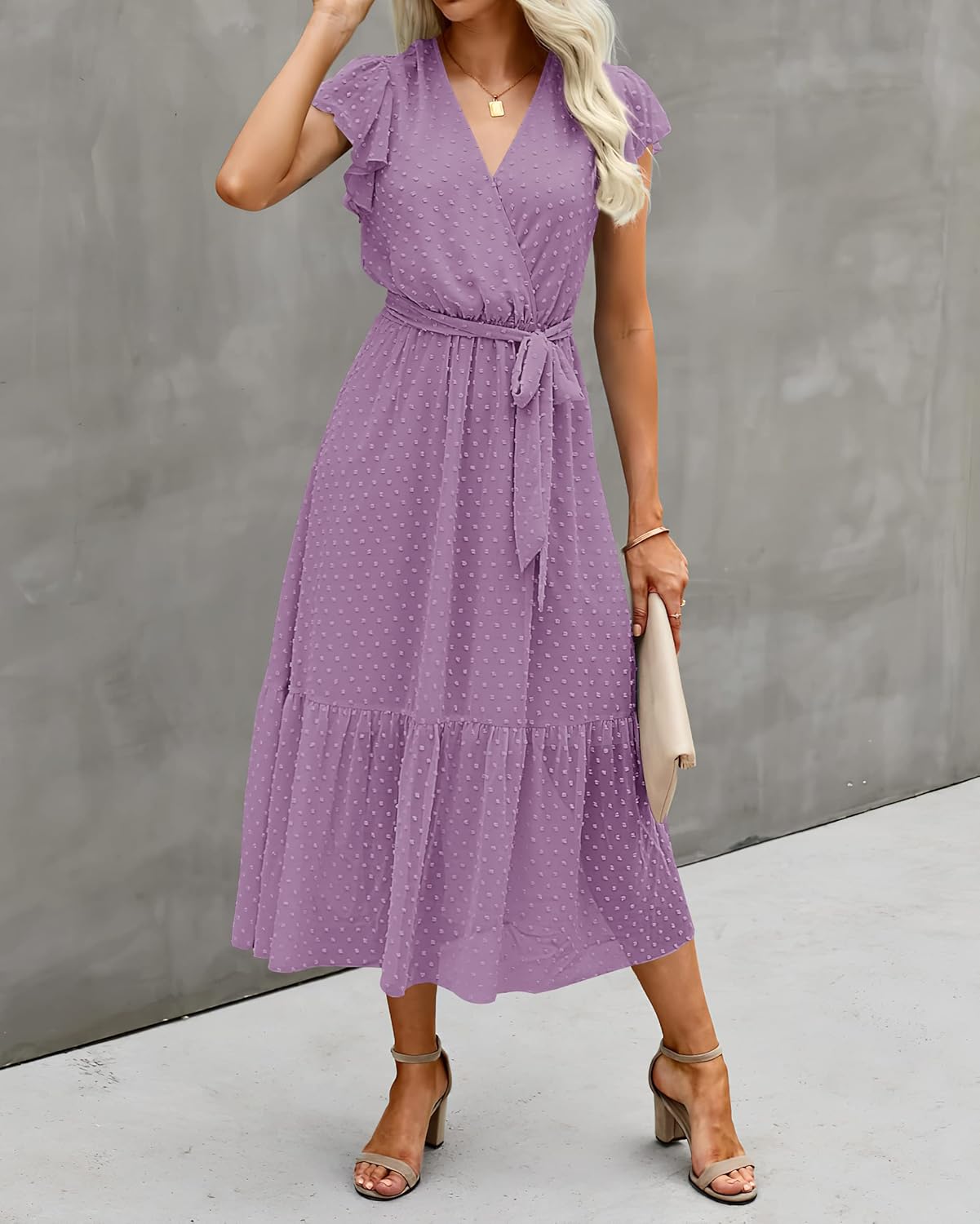 BTFBM Women Summer Bohemian Floral Casual Wrap V Neck Ruffle Cap Sleeveless Belt A-Line Pleated Hem Midi Sun Dress White