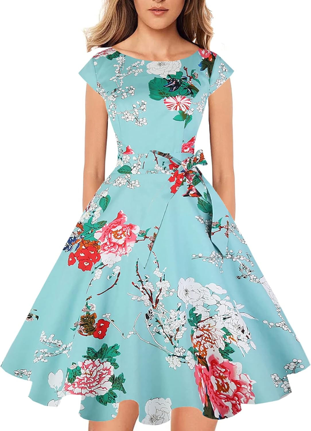 PUKAVT Women's 1950 Boatneck Cap Sleeve Vintage Swing Cocktail Party Dress with Pockets
