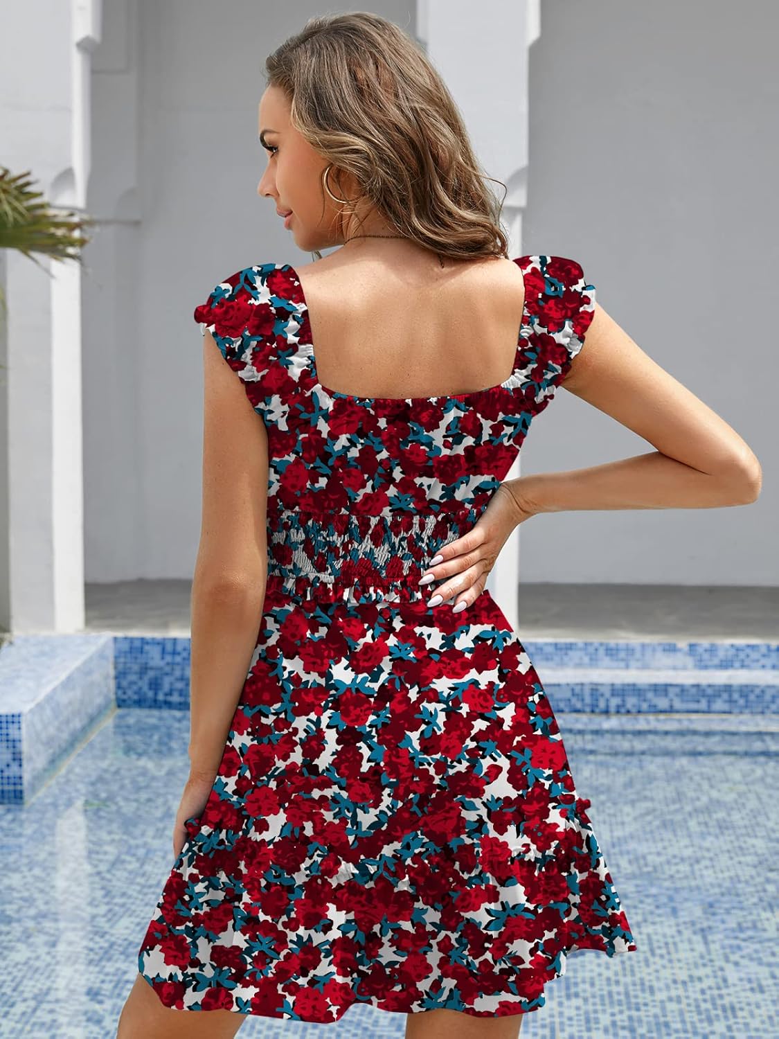 YOBECHO Women's Summer Ruffle Sleeve Sweetheart Neckline Printing Dress Mini Dress