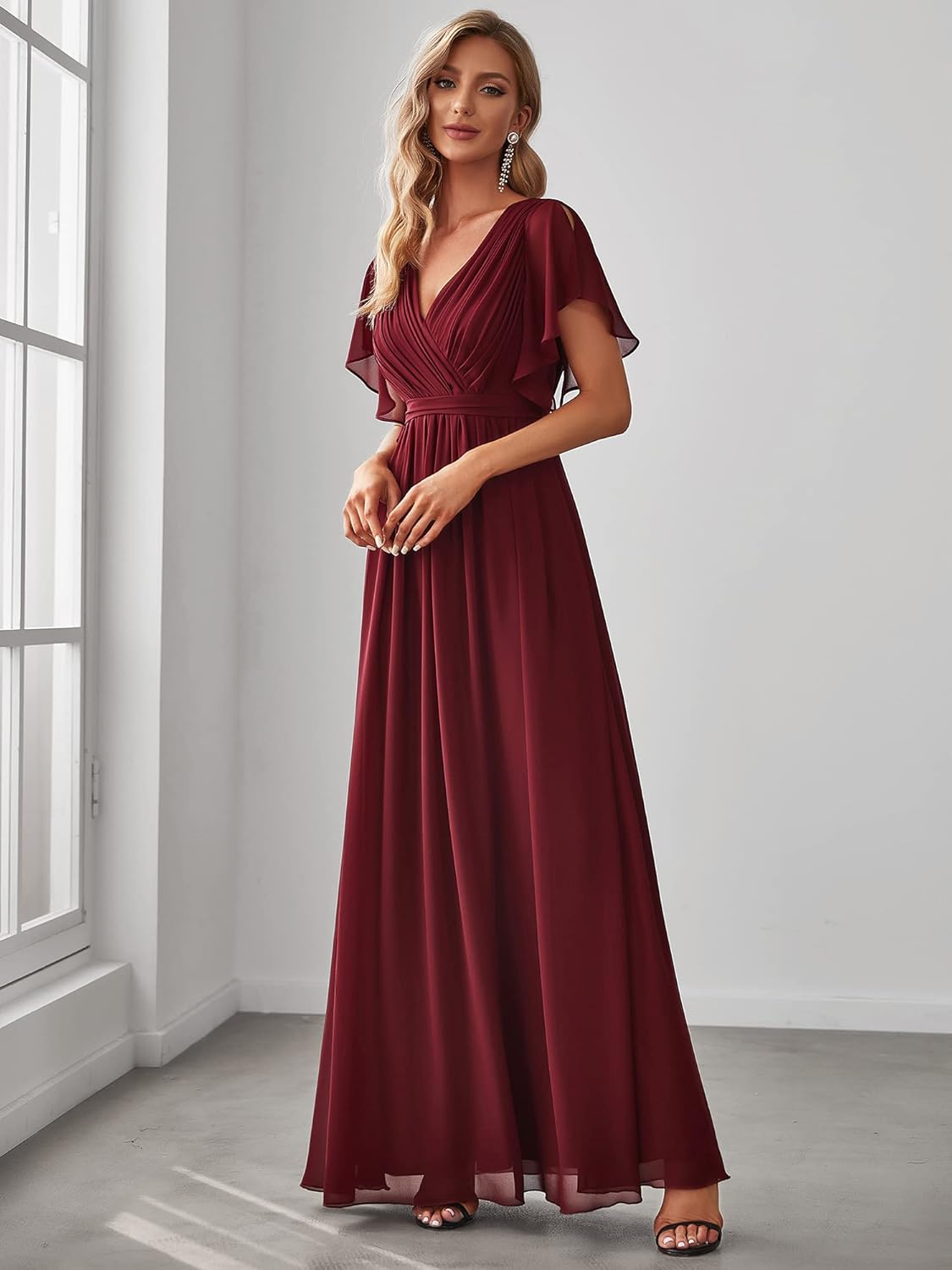 Ever-Pretty Women's Bridesmaid Dress V-Neck Ruffle Sleeves Ruched Bust Floor Length Chiffon Formal Dresses 0164A