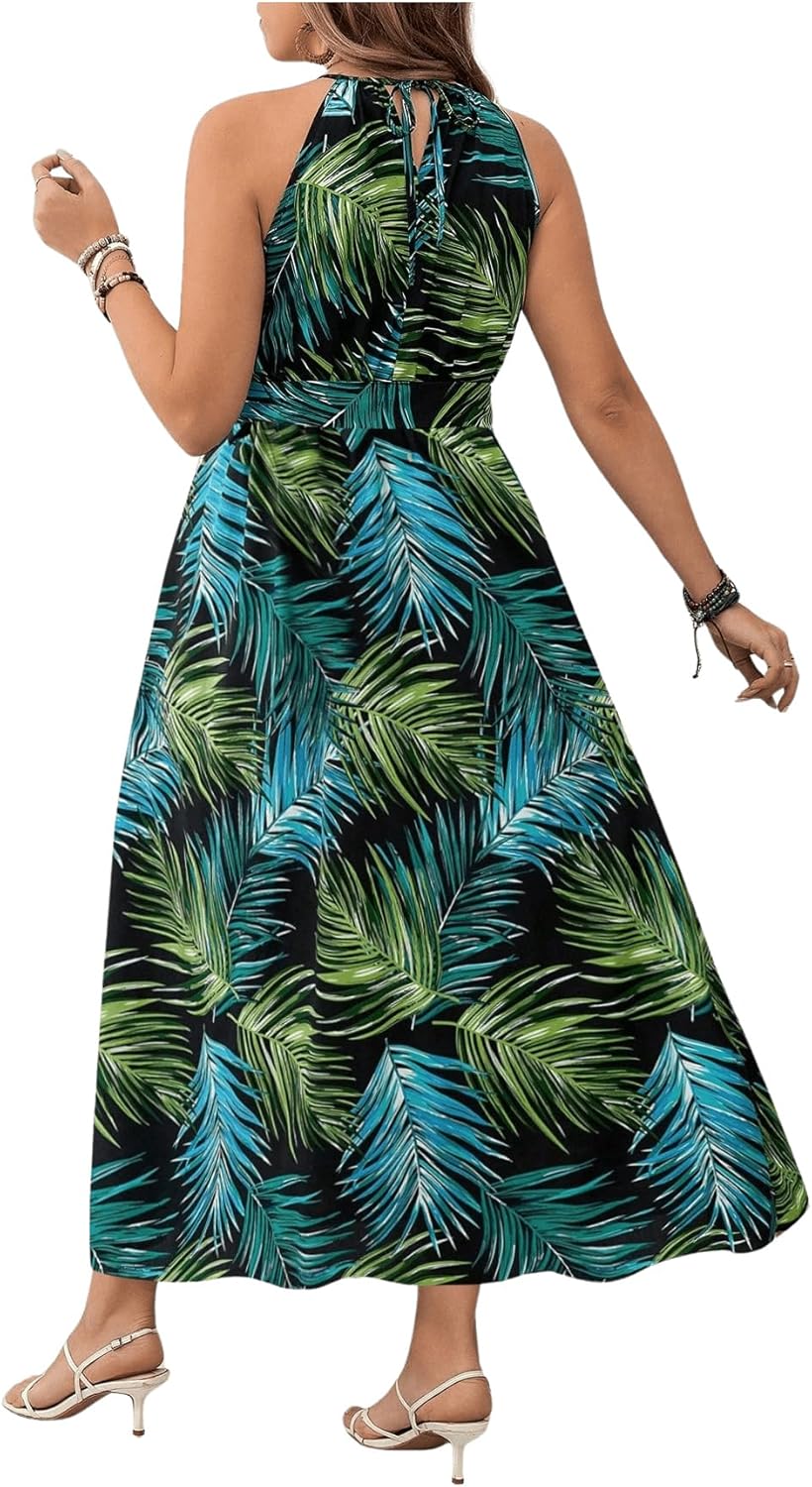 Floerns Women's Plus Size Boho Sleeveless Halter Neck Tie Back A Line Long Dress