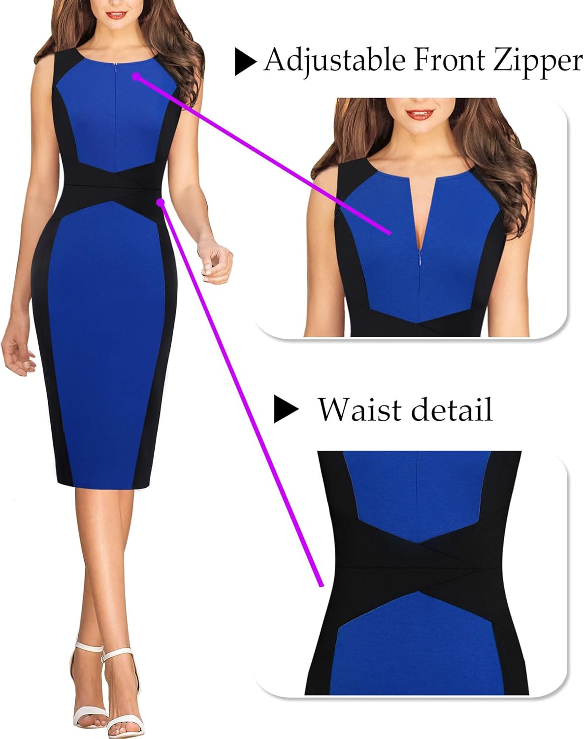 VFSHOW Womens Elegant Slim Front Zipper up Work Business Office Party Sheath Dress