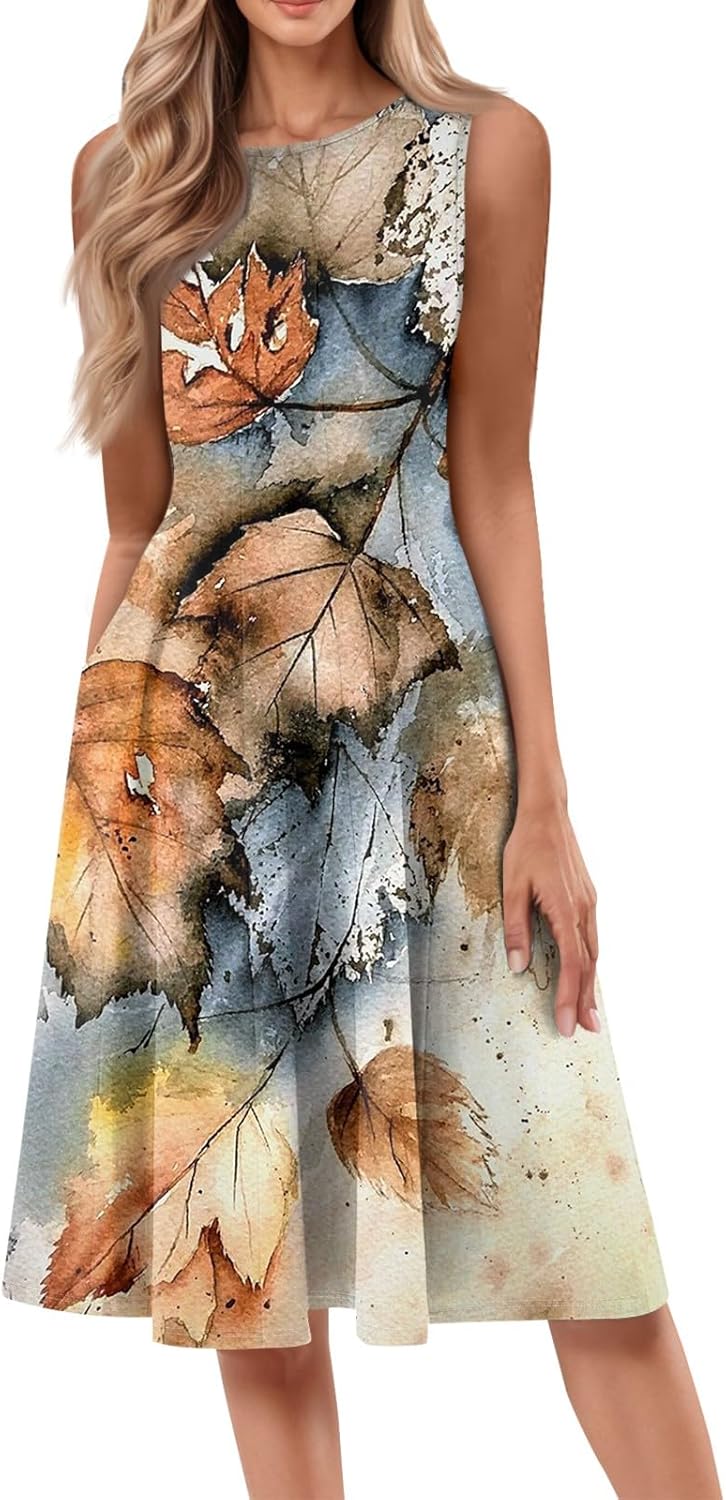 Womens Tank Sundress 2025 Casual Floral Print Tshirt Dress Swing Sleeveless Midi Dress Crewneck Pleated Summer Dresses
