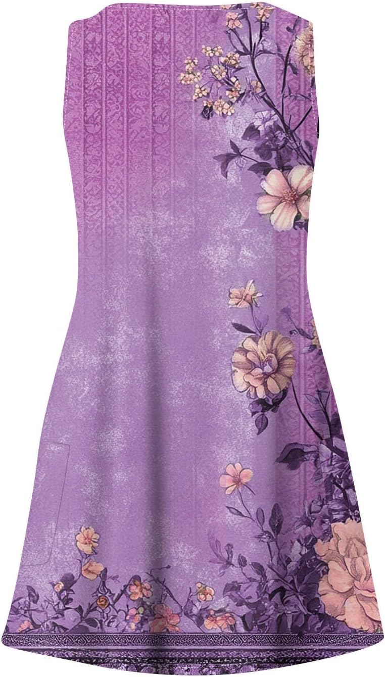 Women's Sleeveless Floral Print Summer Dress Casual V-Neck A-Line Mini Dress for Beach Party and Daily Wear