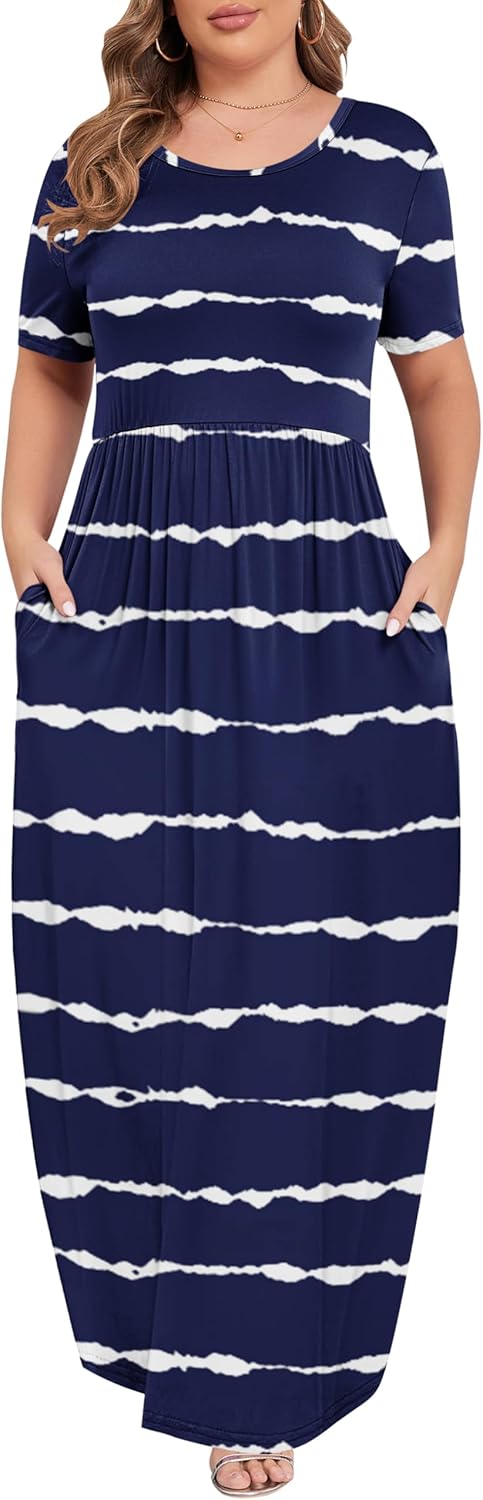 KARALIN Women’s Plus Size Maxi Dresses for Curvy Women Summer Casual Short Sleeve 2025 Long Dress 14W-26W