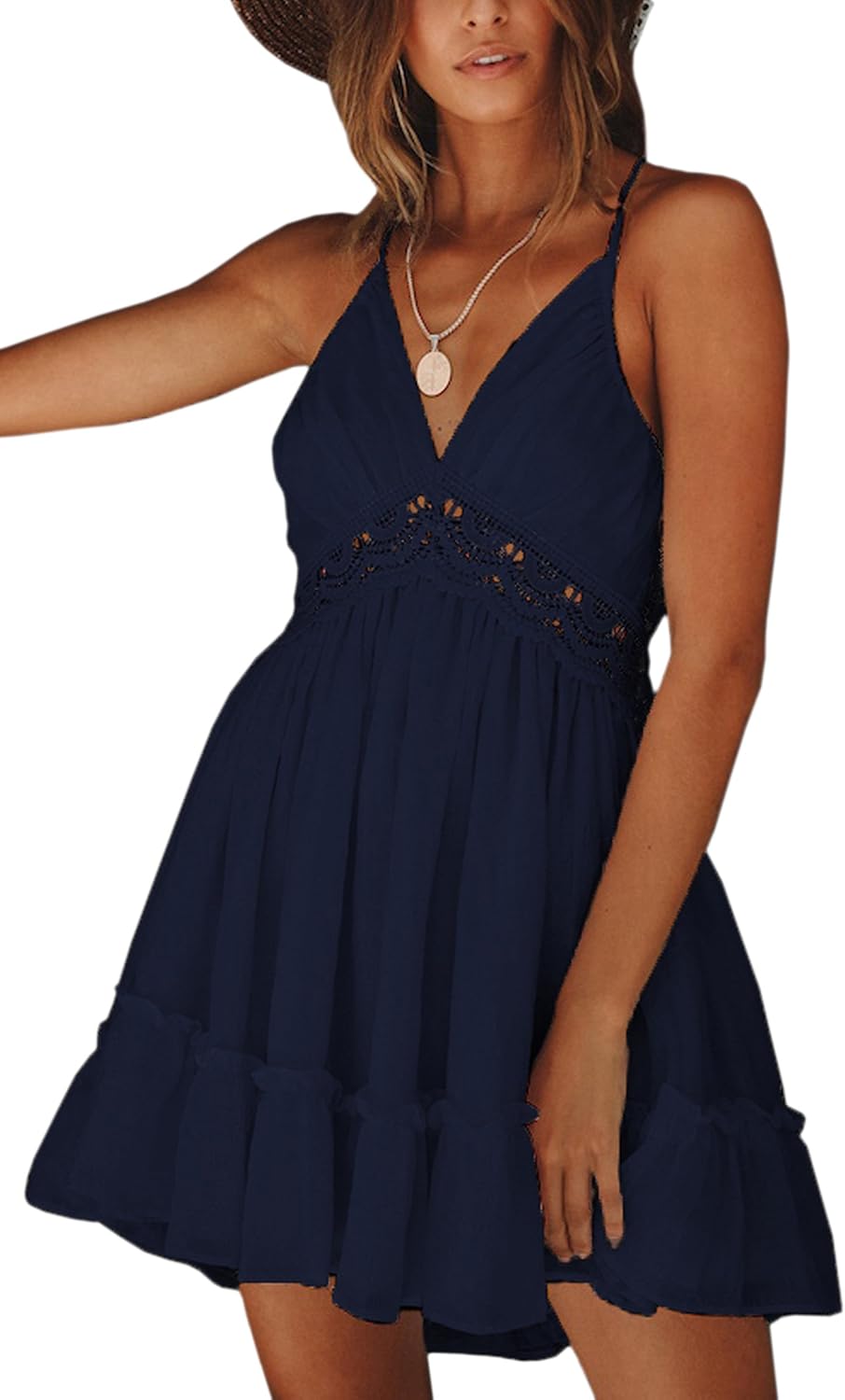 ECOWISH Summer Dresses for Women 2025 V-Neck Spaghetti Strap Bowknot Backless Sleeveless Lace Mini Swing Skater Dress