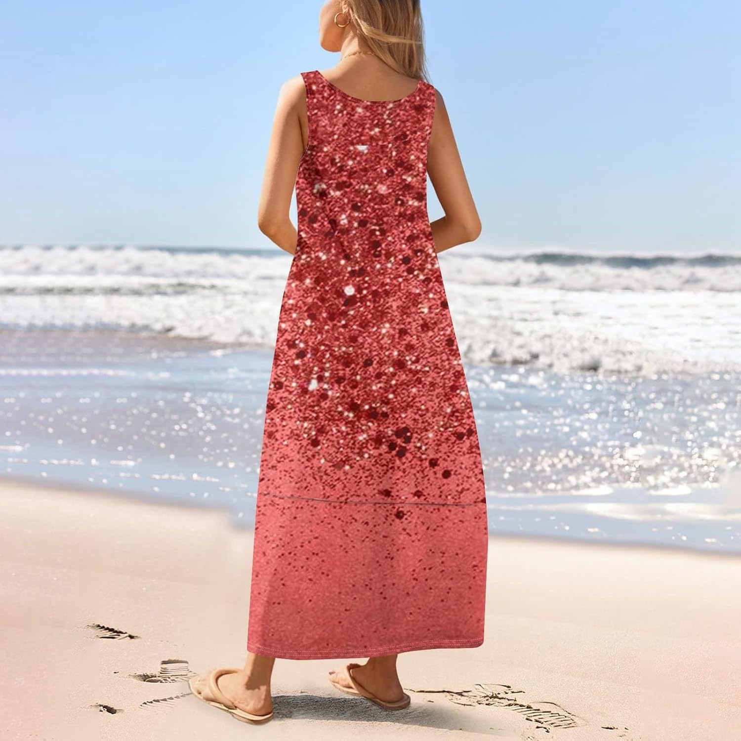 Womens Summer Tank Dress Vacation Boho Floral Long Dresses with Pockets Resort Wear Swing Beach Sleeveless Sundress