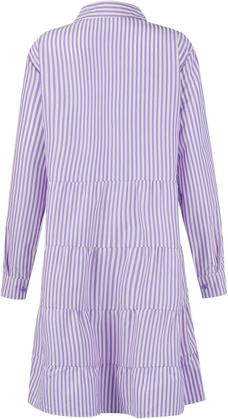 Button Down Dress for Women Summer Casual Striped Long Sleeve V Neck Lapel Dresses Loose Ruched Party Midi Dress 2025