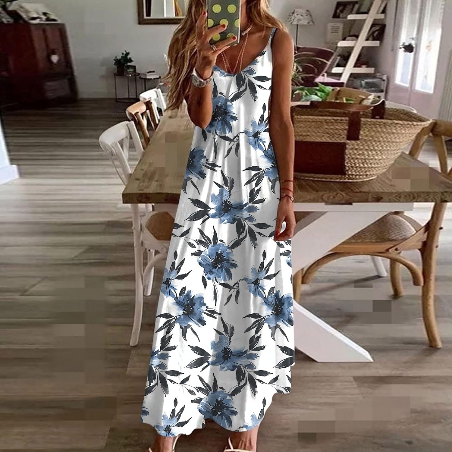 Womens Floral Maxi Dresses Spaghetti Strap Casual Summer Long Dress Vneck Flowy Boho Beach Sundress Vacation Outfits