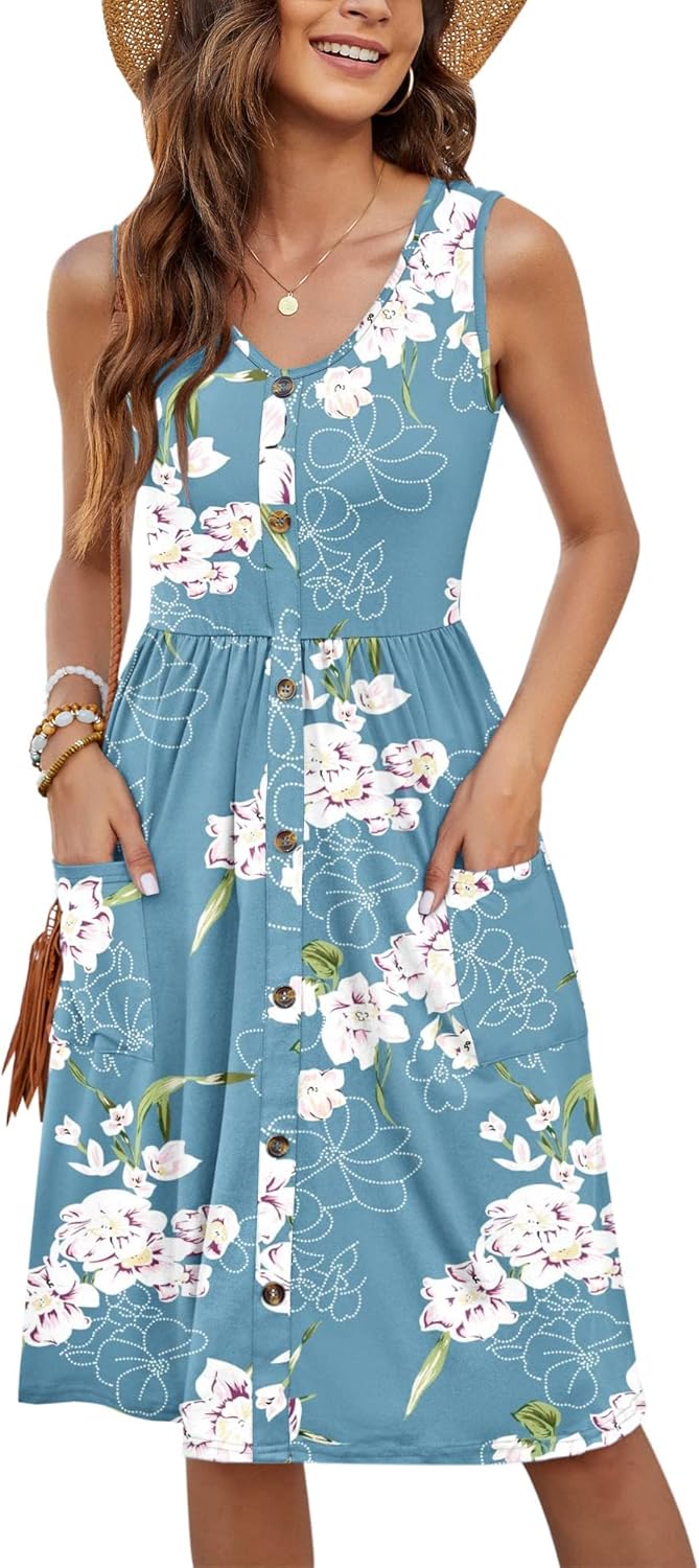 MOLERANI Women Summer Dresses Sleeveless Casual Loose Swing Button Down Midi Dress with Pockets