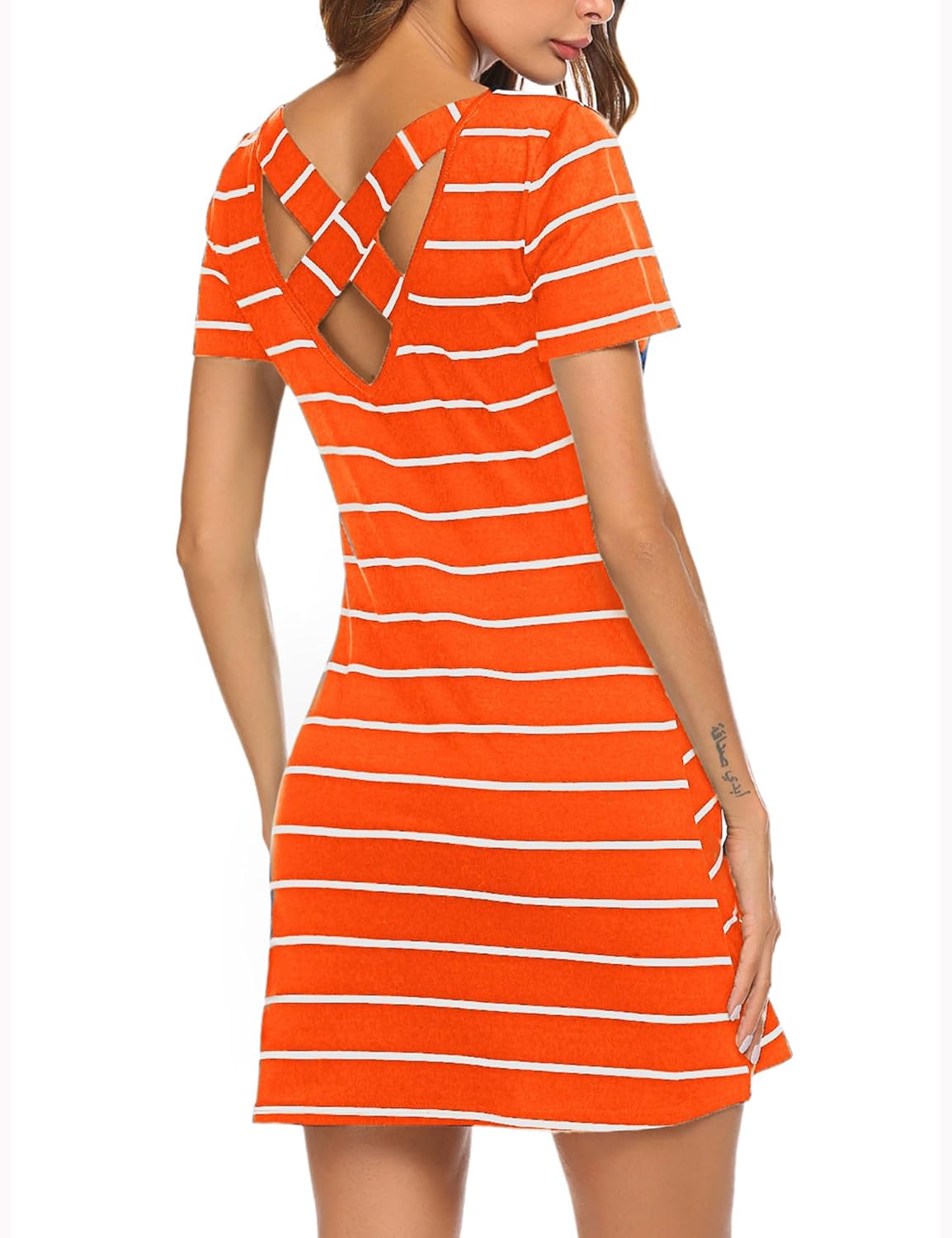 Feager Women's Casual Striped Criss Cross Short Sleeve T Shirt Dress