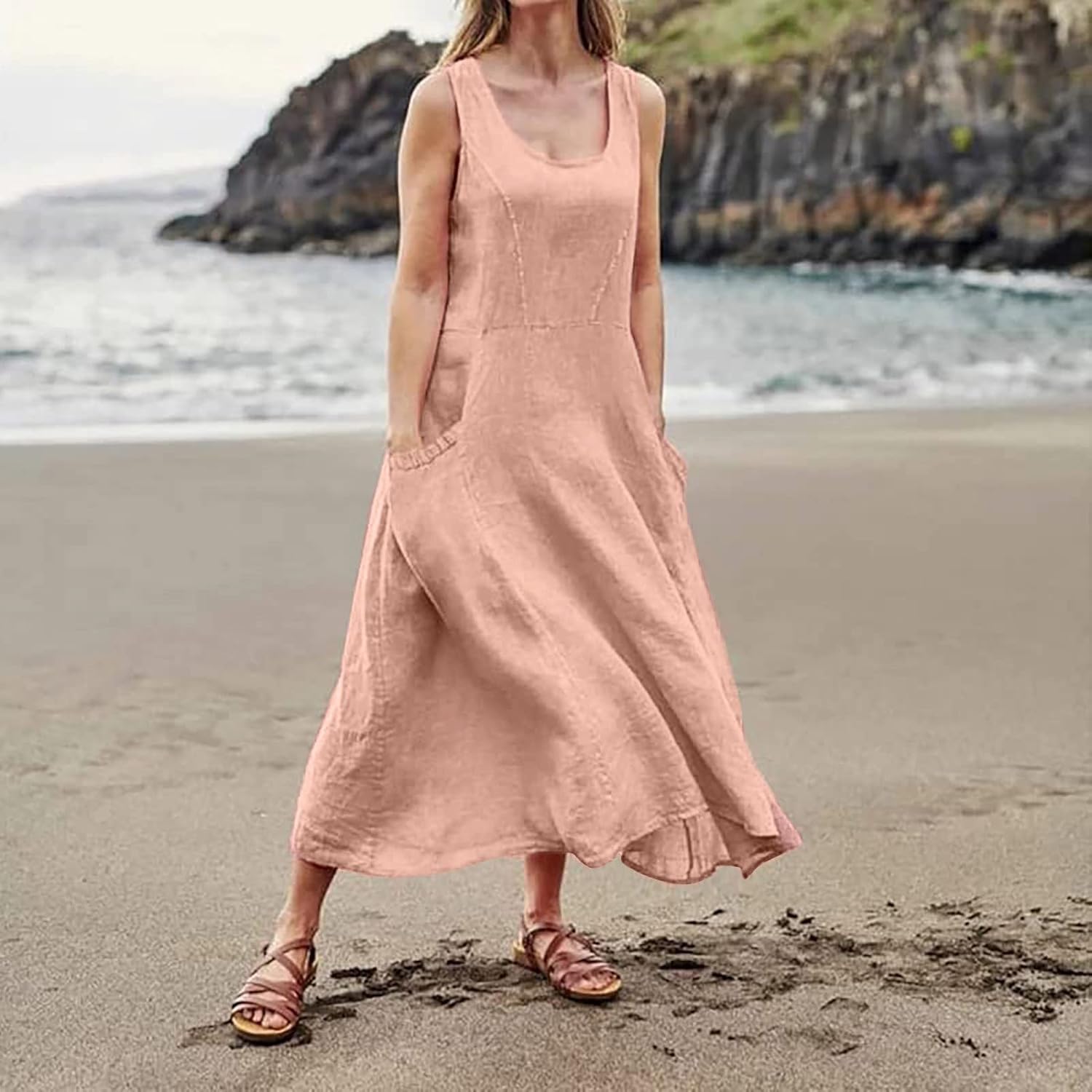 Women's Casual Sleeveless Dresses, Cotton Linen Pocket Dresses Summer Dresses for Women 2024 Sundresses Beach Dress