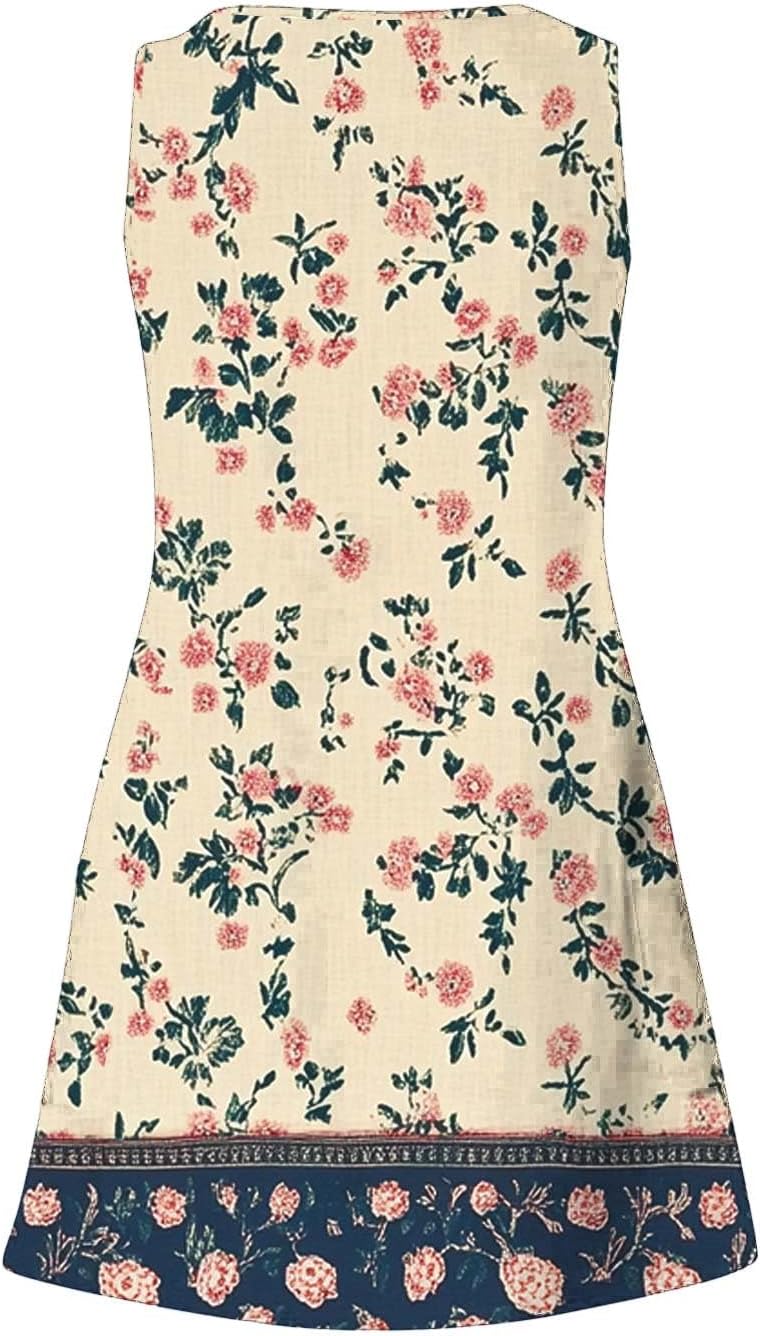 Womens 2025 Spring Summer Dresses Casual Floral Print V-Neck Tank Dress Curve Hem Pleated A-Line Sundresses