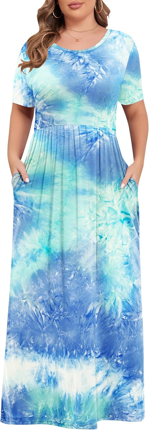 KARALIN Women’s Plus Size Maxi Dresses for Curvy Women Summer Casual Short Sleeve 2025 Long Dress 14W-26W