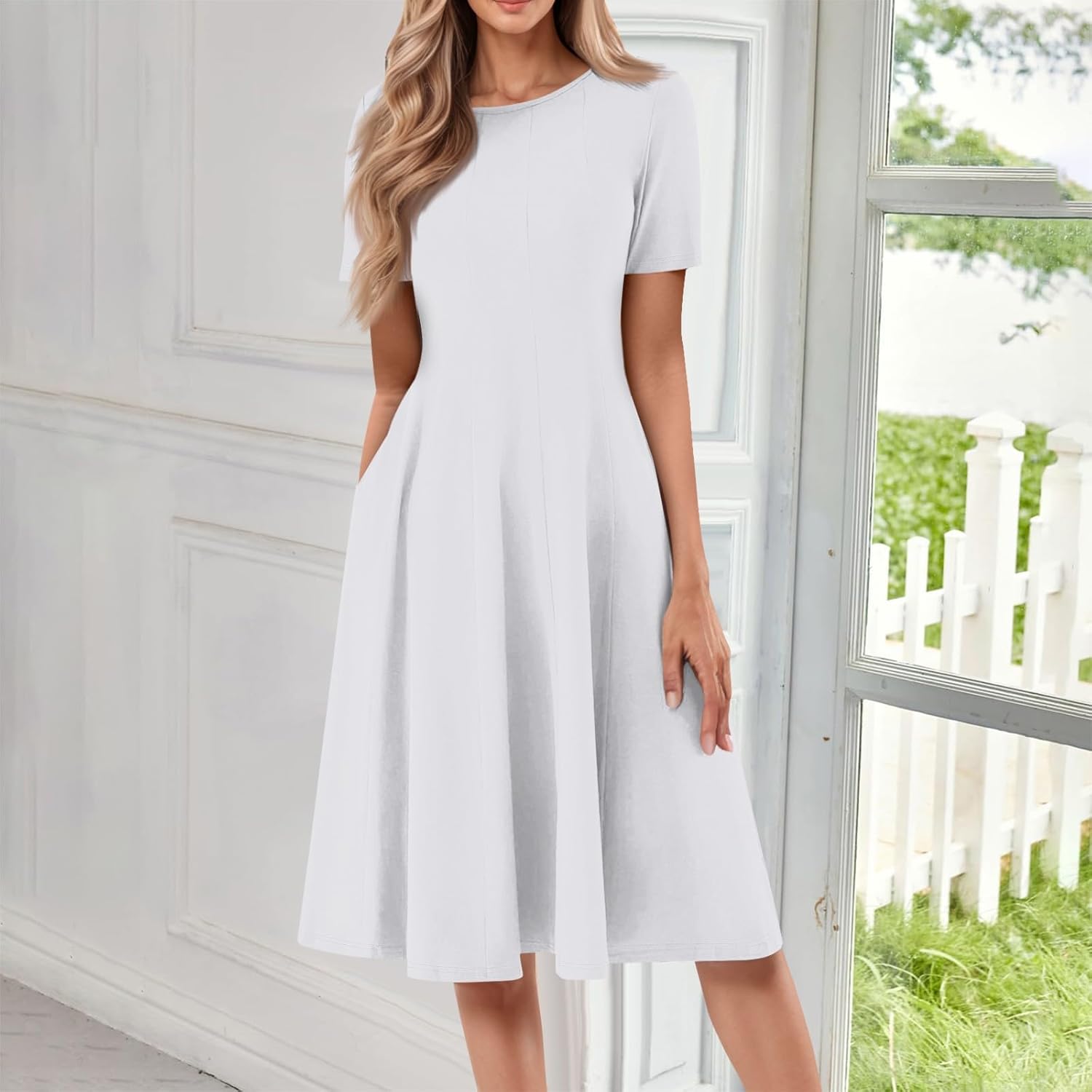 Summer Dresses for Women 2025 Crew Neck Short Sleeve Boho Beach Vacation Floral/Solid Midi Sundresses with Pockets