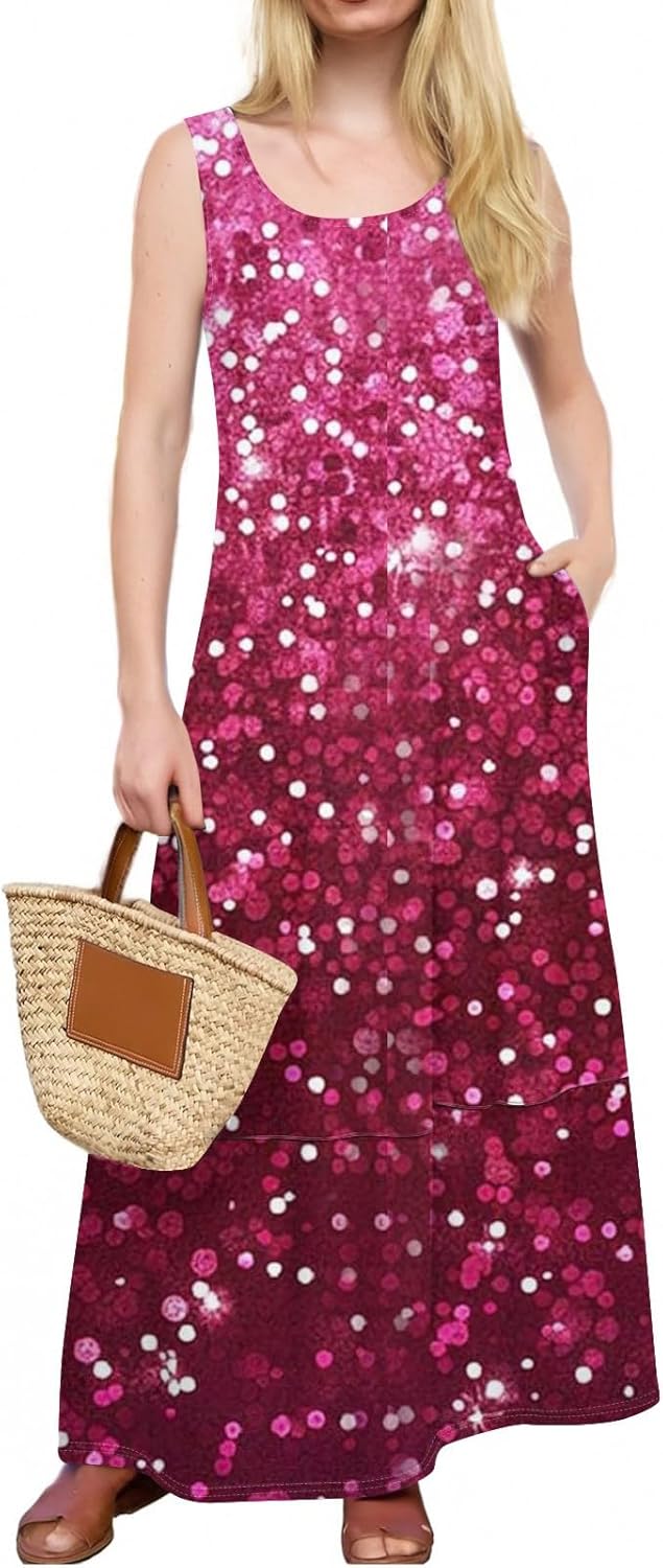 Womens Summer Tank Dress Vacation Boho Floral Long Dresses with Pockets Resort Wear Swing Beach Sleeveless Sundress