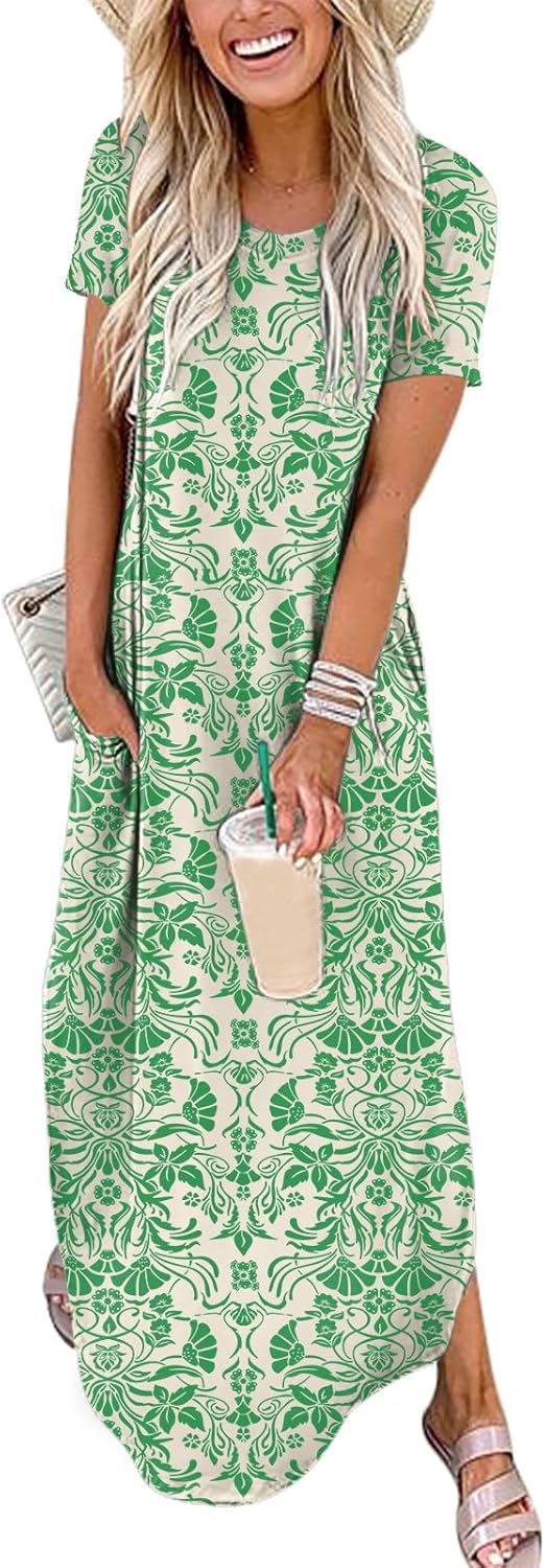 ANRABESS Women's Summer Casual Loose Short Sleeve Long T Shirt Dress Split Maxi Beach Sundress Travel Vacation Outfits