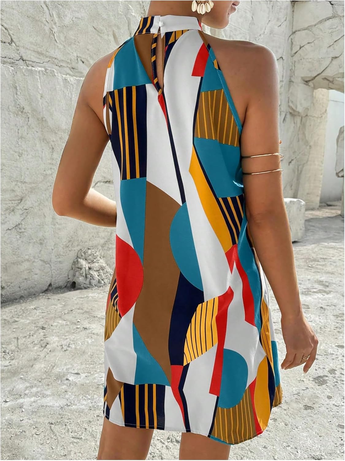 Floerns Women's Geo Print Halter A Line Dress Sleeveless Vacation Short Dresses