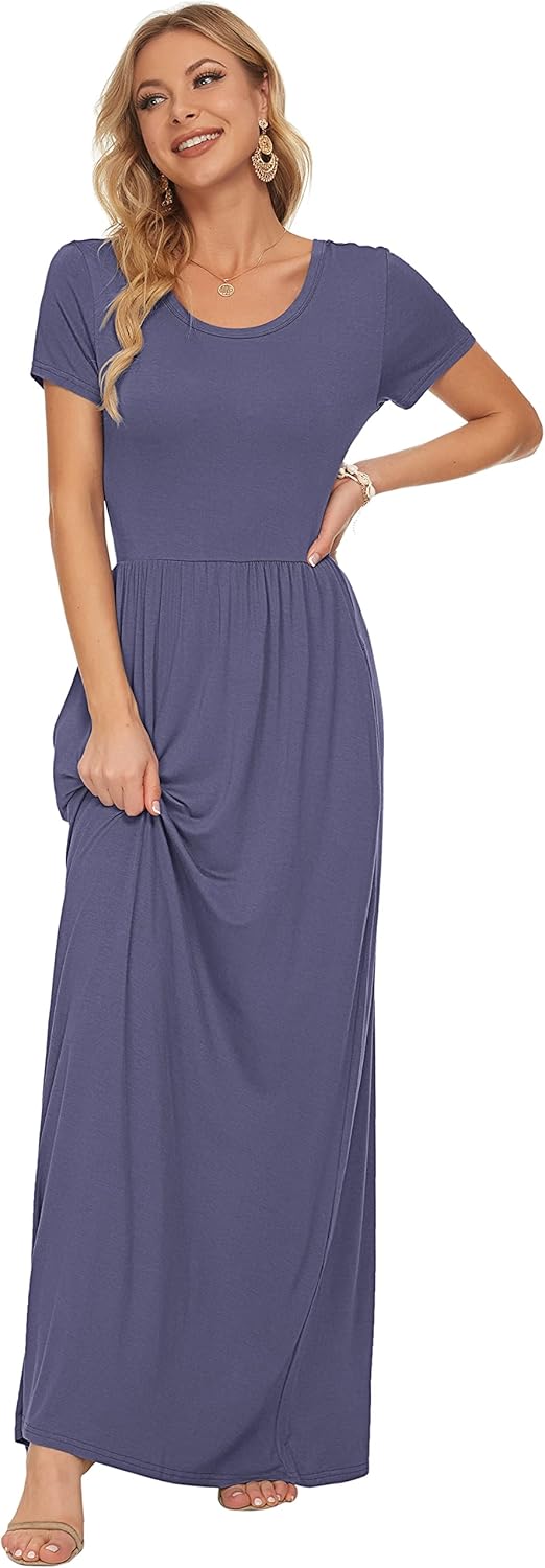 AUSELILY Women's Short Sleeve Loose Plain Casual Long Maxi Dresses for Women 2025