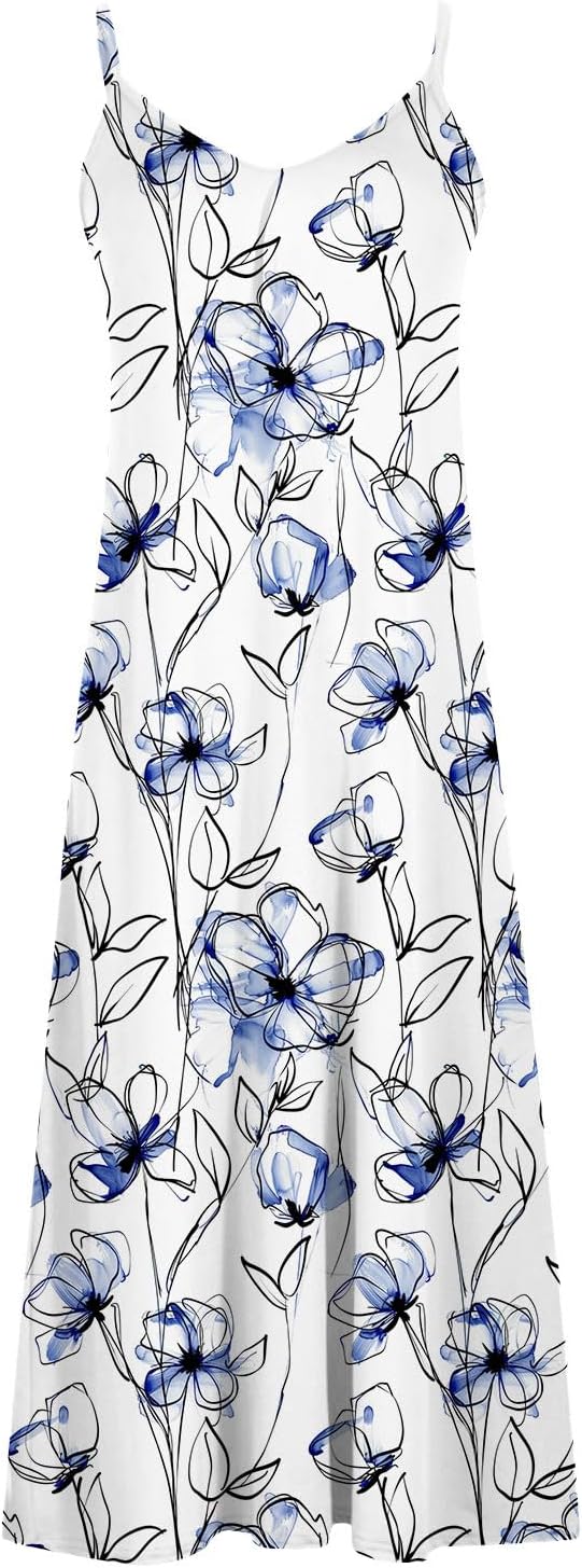 Womens Floral Maxi Dresses Spaghetti Strap Casual Summer Long Dress Vneck Flowy Boho Beach Sundress Vacation Outfits