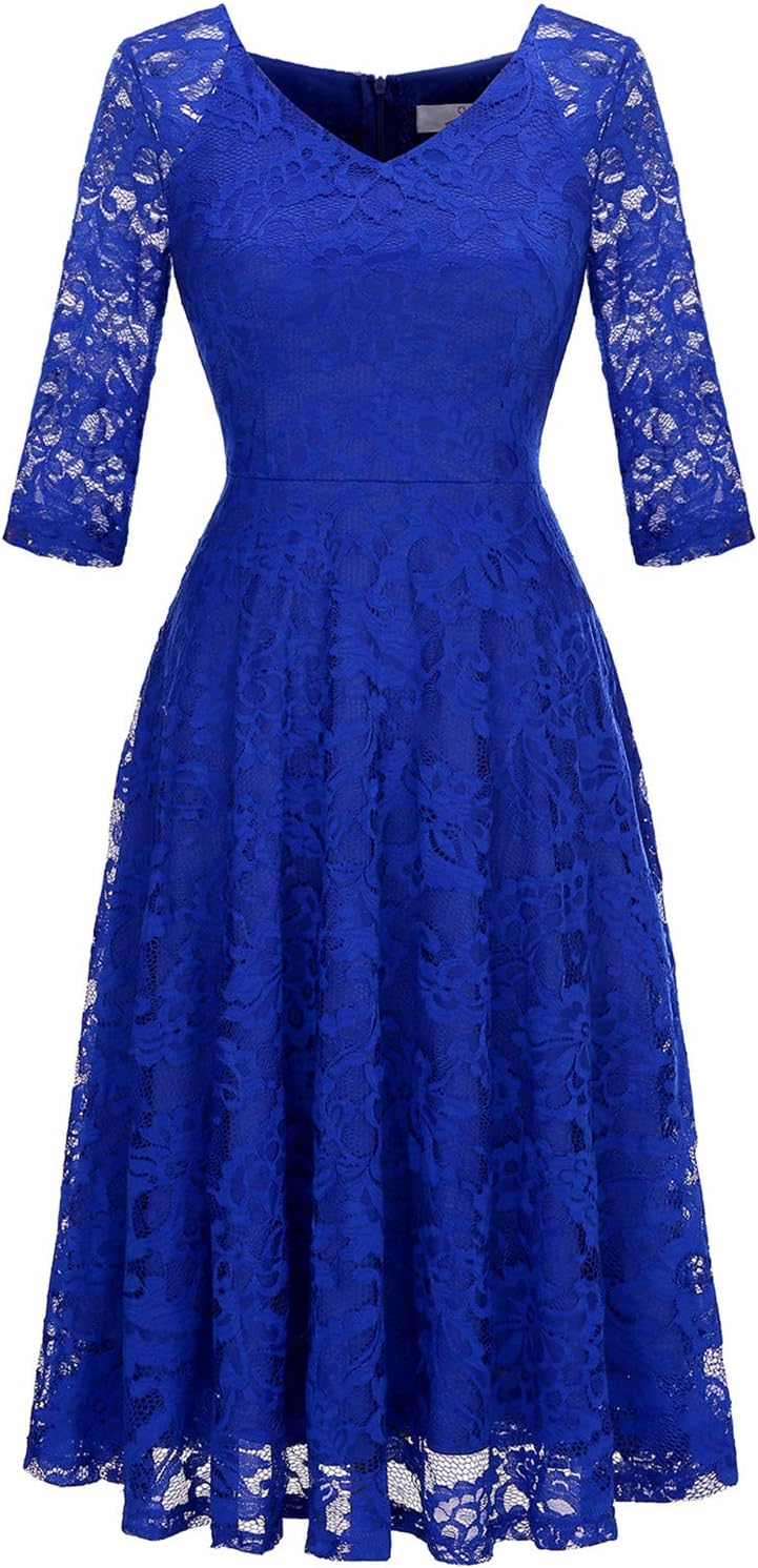 Dressystar Womens Long-Sleeve Wedding Guest Dress A-Line Lace Formal Party Cocktail Midi Dress Prom Gown