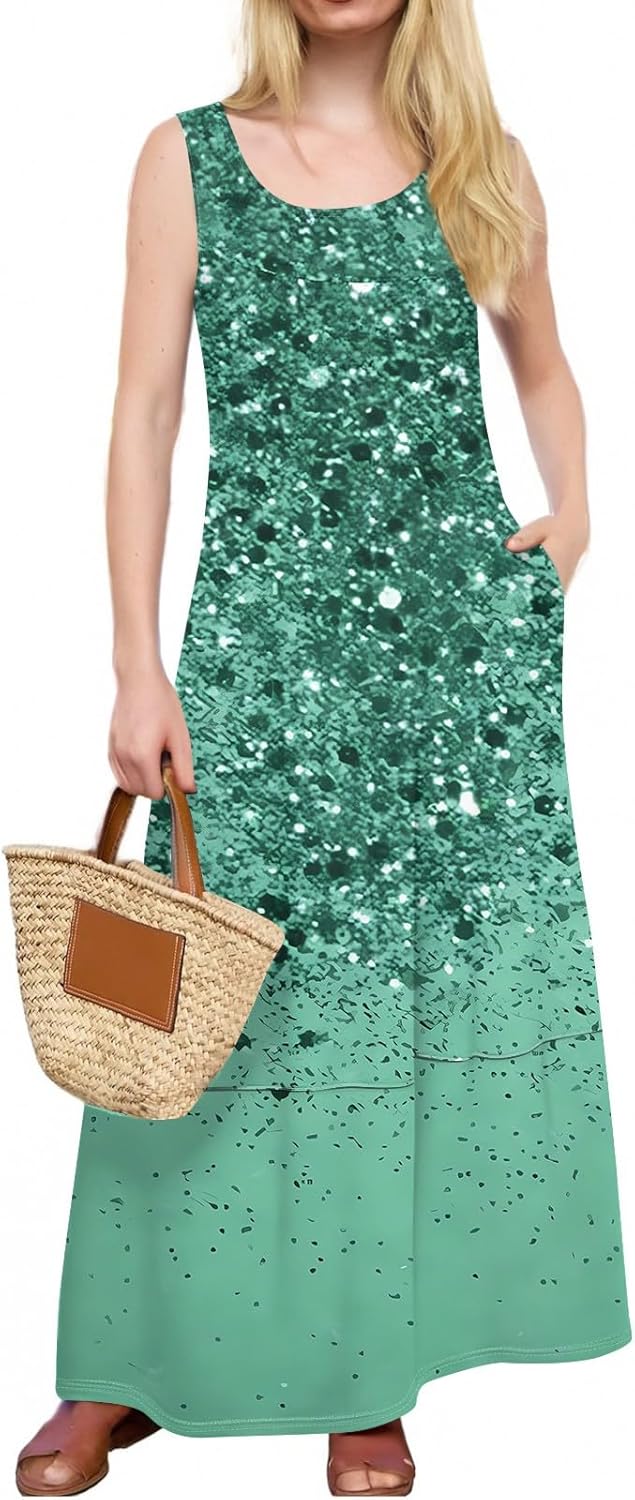 Womens Summer Tank Dress Vacation Boho Floral Long Dresses with Pockets Resort Wear Swing Beach Sleeveless Sundress