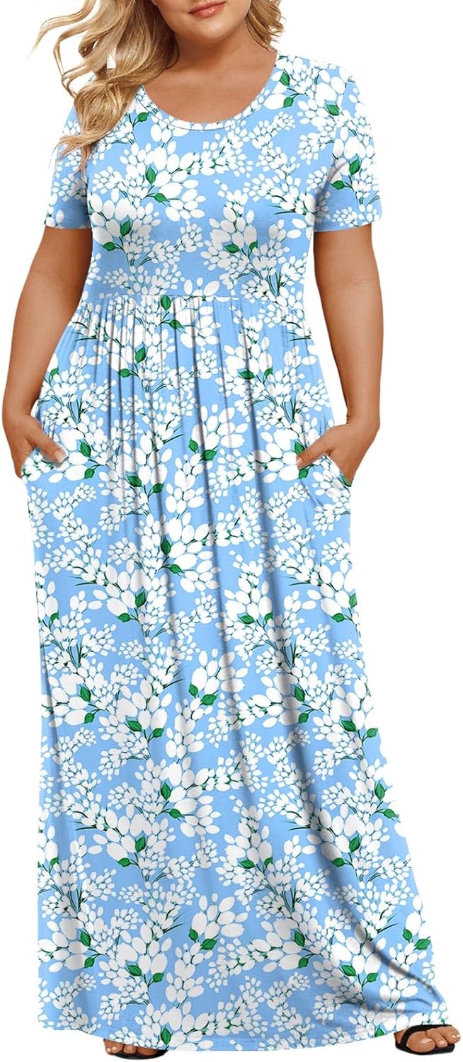 LONGYUAN Women's Plus Size Maxi Dresses for Curvy Women Summer Short Sleeve Casual 2025 Long Dress XL-6XL
