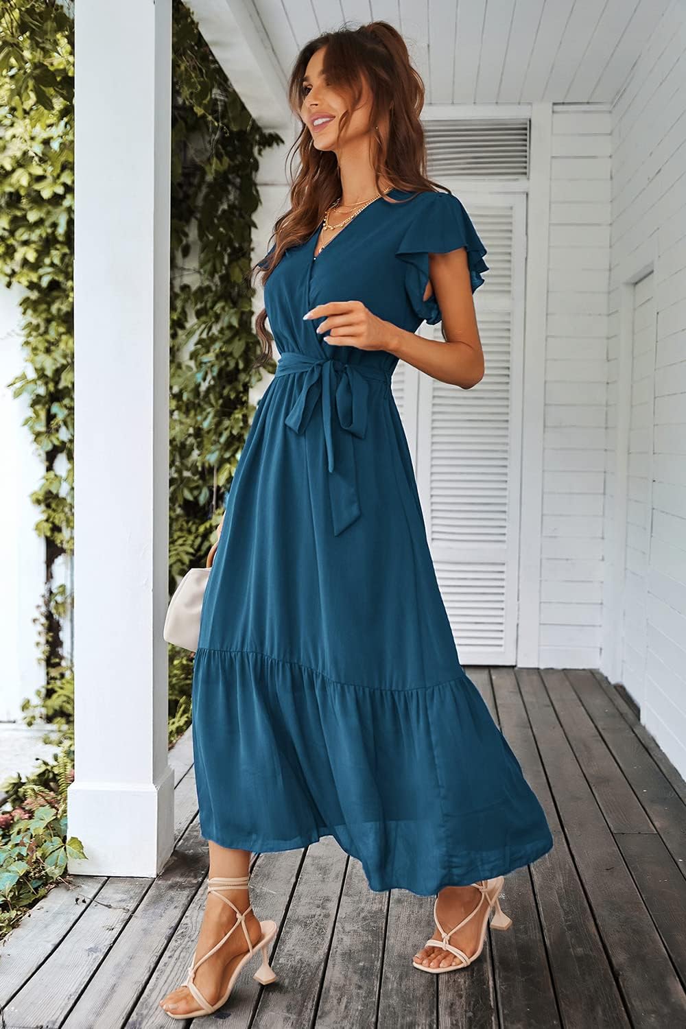 PRETTYGARDEN Women's Summer Floral Boho Dress Wrap V Neck Short Sleeve Ruffle A-Line Flowy Maxi Wedding Guest Dresses