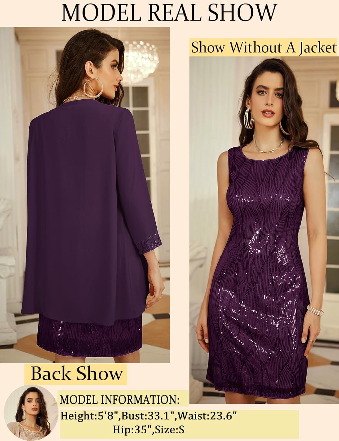 GRACE KARIN Sequin Dress for Women Knee Length Mother of the Bride Dresses Formal Dress Two Piece Dress with Chiffon Jacket