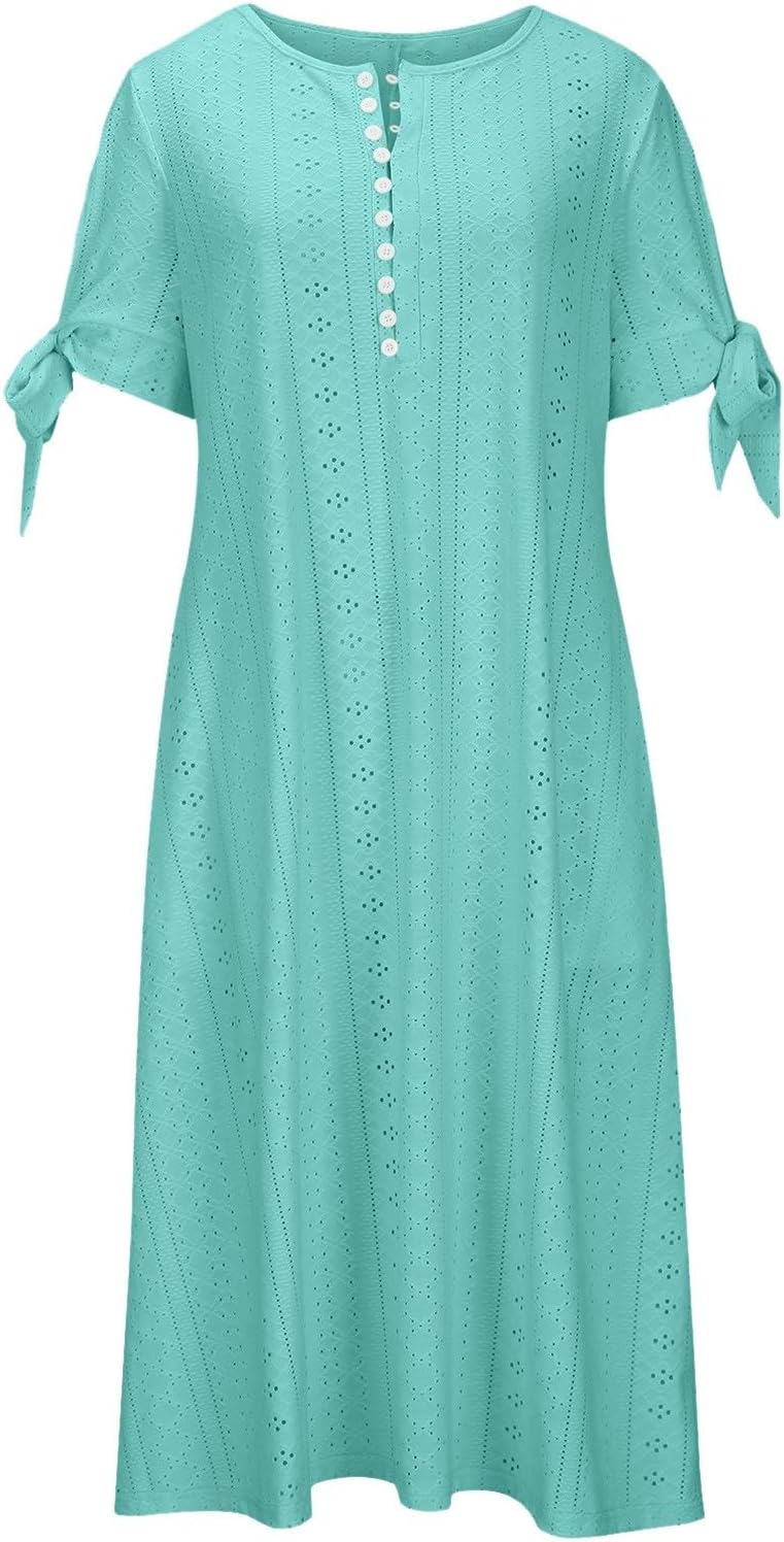 ZYXTIM Womens Eyelet Dress V Neck Short Sleeve Hollow Out Summer Beach Vacation Dresses Swing A Line Vintage Long Dresses